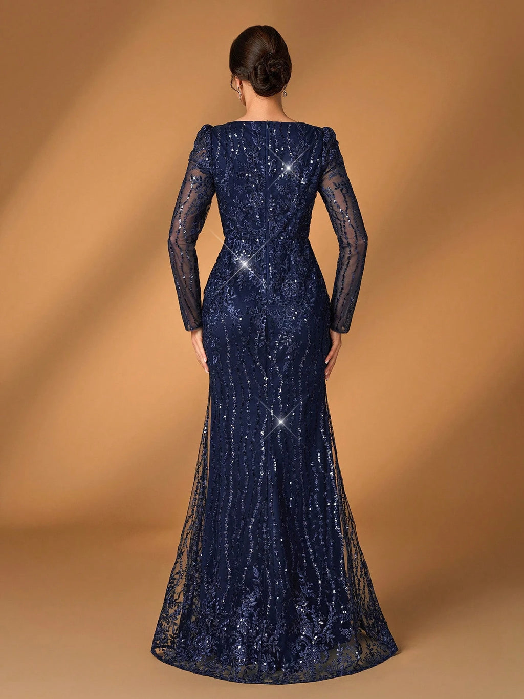 Serin Navy Blue V-Neck Luxury Sequin Lace Fishtail Dress, Suitable For Wedding, Events, Party, Banquet, Bride - image 11