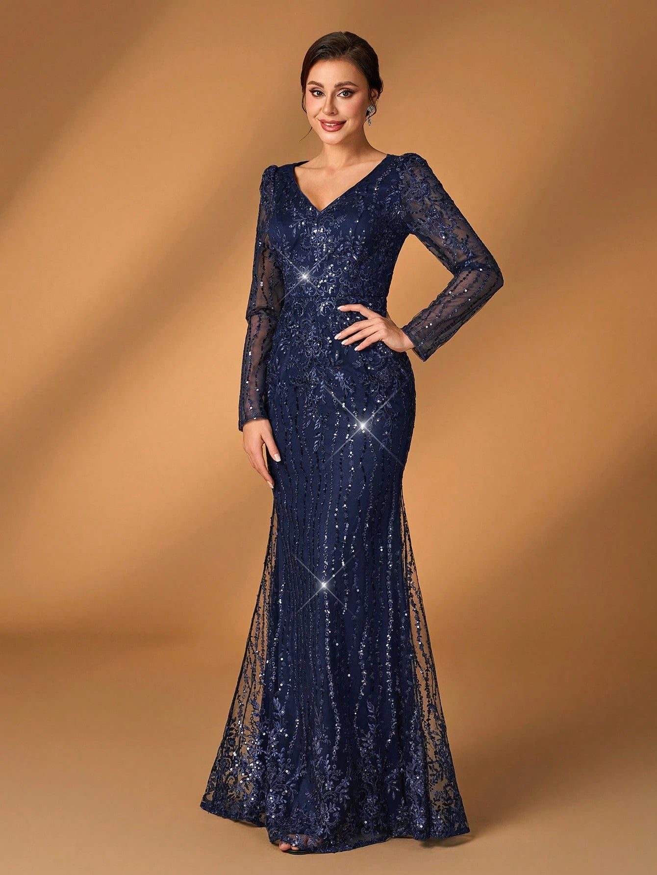 Serin Navy Blue V-Neck Luxury Sequin Lace Fishtail Dress, Suitable For Wedding, Events, Party, Banquet, Bride - image 12