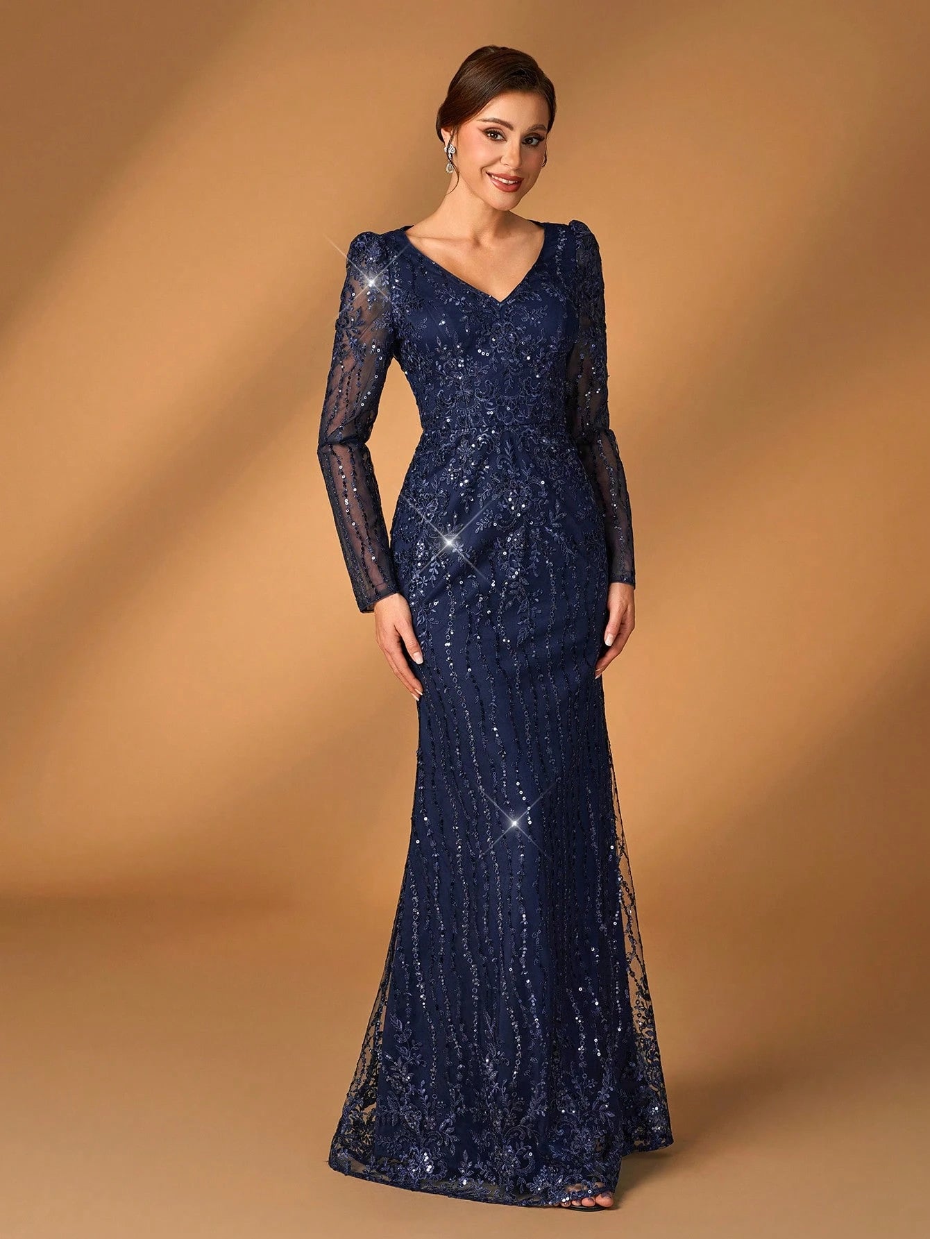 Serin Navy Blue V-Neck Luxury Sequin Lace Fishtail Dress, Suitable For Wedding, Events, Party, Banquet, Bride - image 13