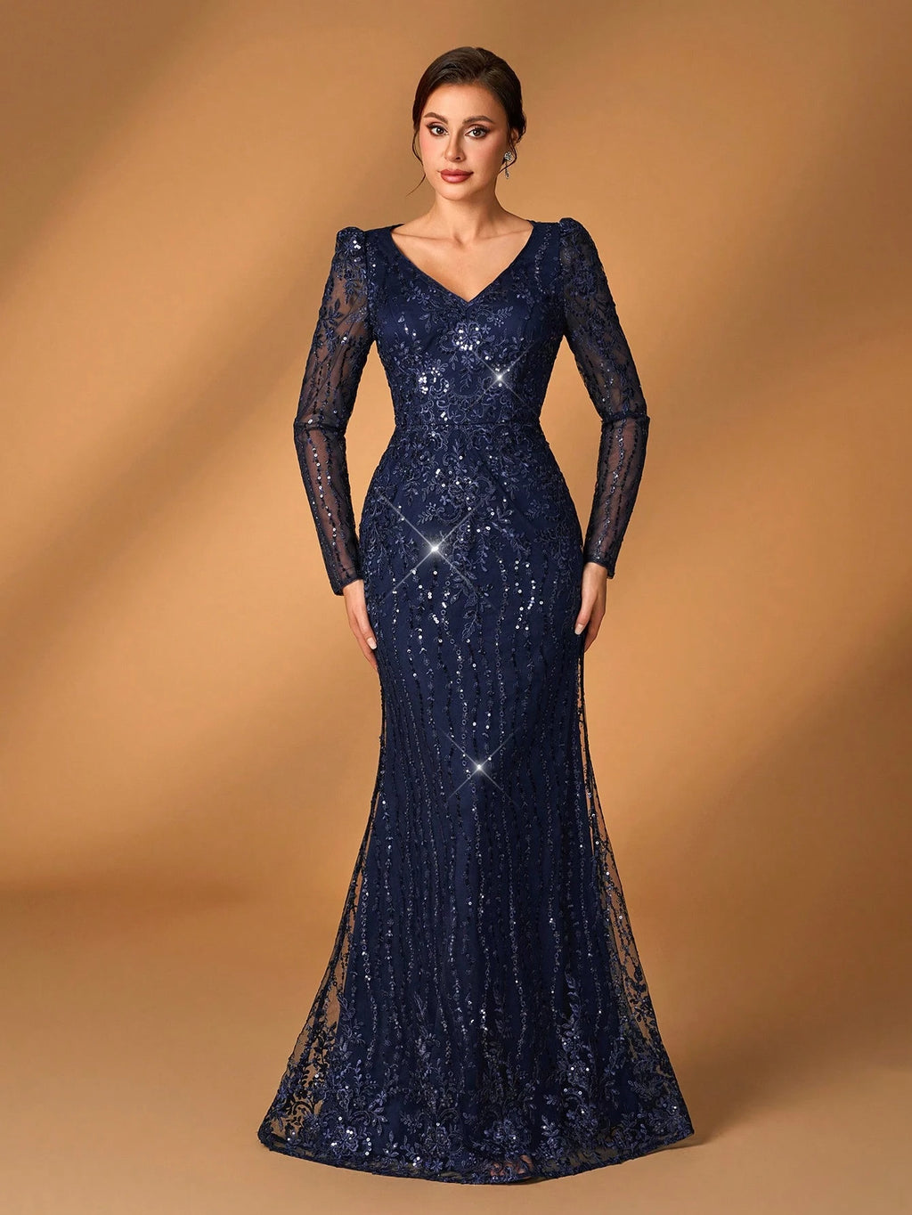 Serin Navy Blue V-Neck Luxury Sequin Lace Fishtail Dress, Suitable For Wedding, Events, Party, Banquet, Bride - image 14