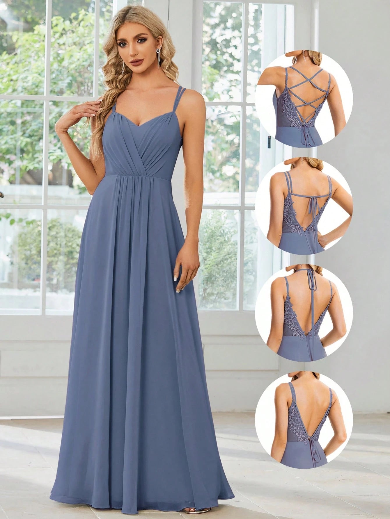 EVERPRETTY Elegant Chiffon Backless Floral Embroidered Sage Green