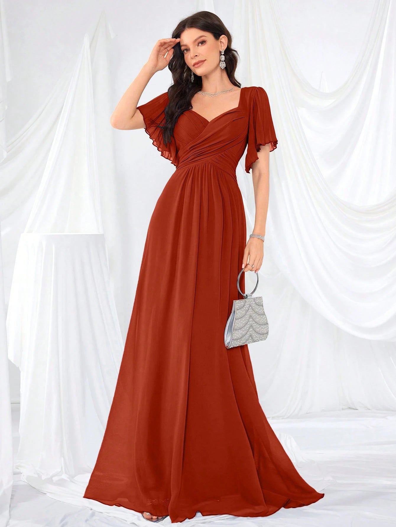 Flounce Sleeve Back Sweetheart Neck Solid Color Tulle Dress, Bridesmaid Dress Wedding - image 15