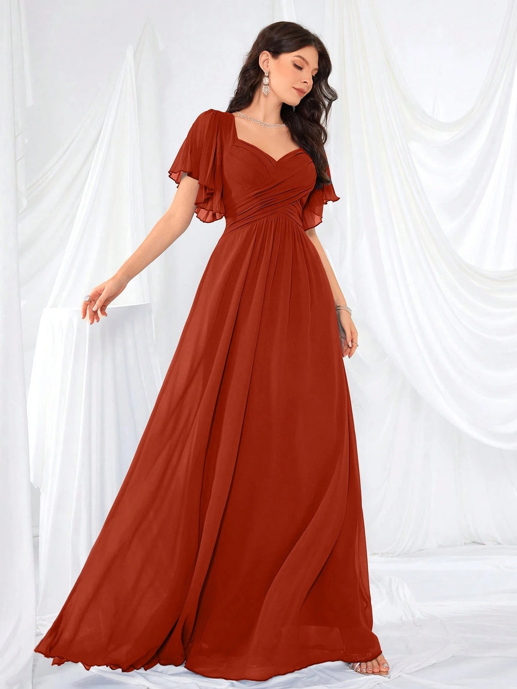 Flounce Sleeve Back Sweetheart Neck Solid Color Tulle Dress, Bridesmaid Dress Wedding - image 16