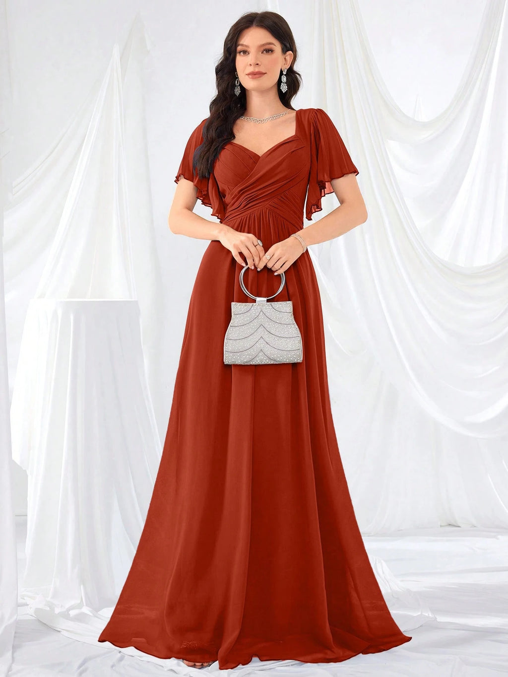 Lotus Sleeve Backless Heart Neckline Solid Color Tulle Bridesmaid Dress Wedding - image 16