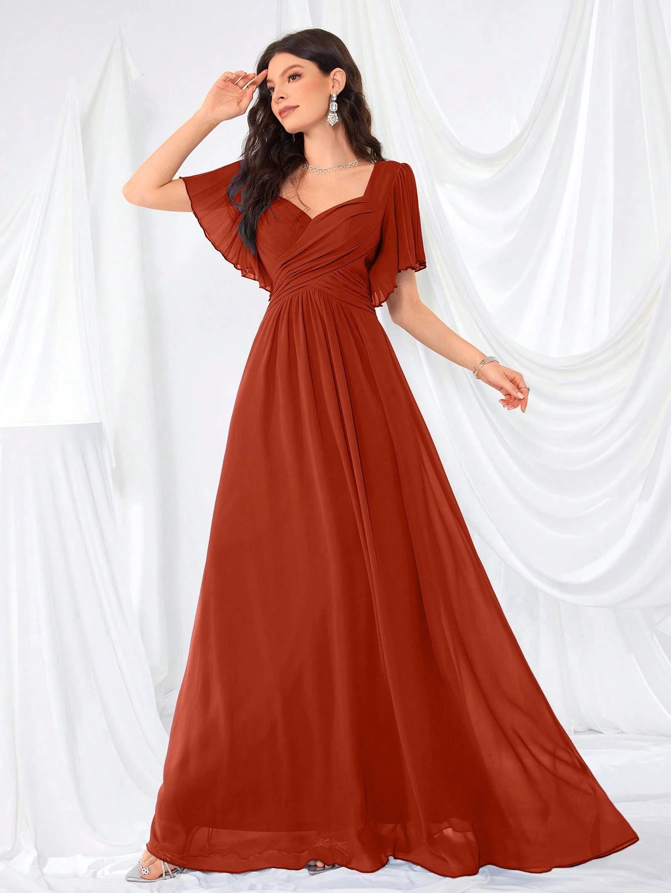 Flounce Sleeve Back Sweetheart Neck Solid Color Tulle Dress, Bridesmaid Dress Wedding - image 18