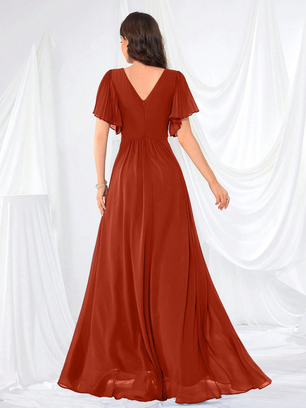 Lotus Sleeve Backless Heart Neckline Solid Color Tulle Bridesmaid Dress Wedding - image 17