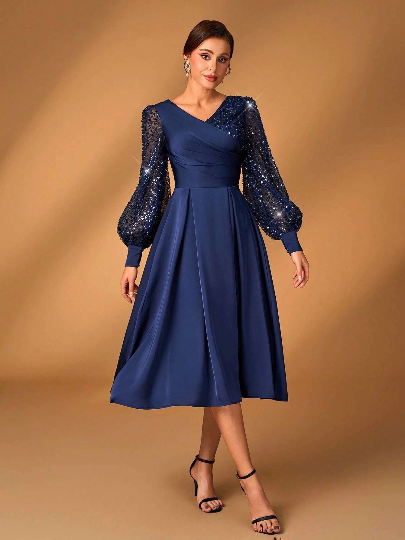 Serin Women's Elegant Navy Blue Spring Formal Party Wedding Dress,Luxurious Glitter Sequin Satin Lantern - image 8