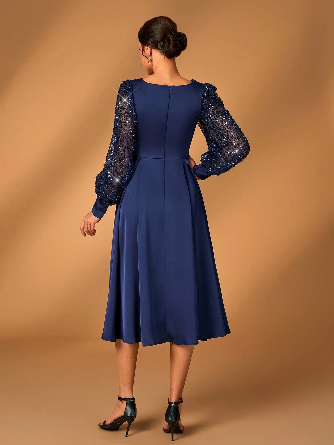 Serin Women's Elegant Navy Blue Spring Formal Party Wedding Dress,Luxurious Glitter Sequin Satin Lantern - image 9