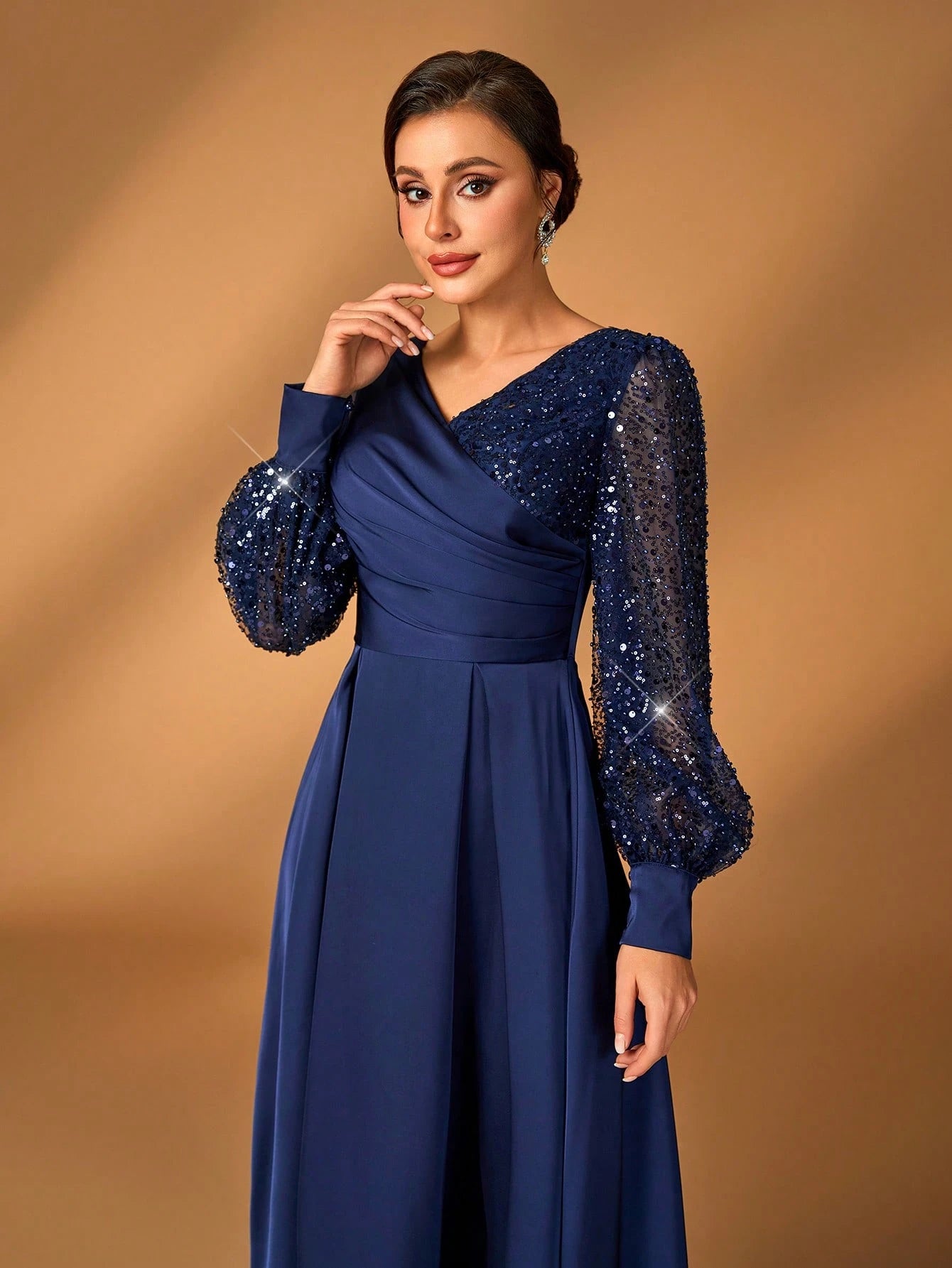 Serin Women's Elegant Navy Blue Spring Formal Party Wedding Dress,Luxurious Glitter Sequin Satin Lantern - image 11