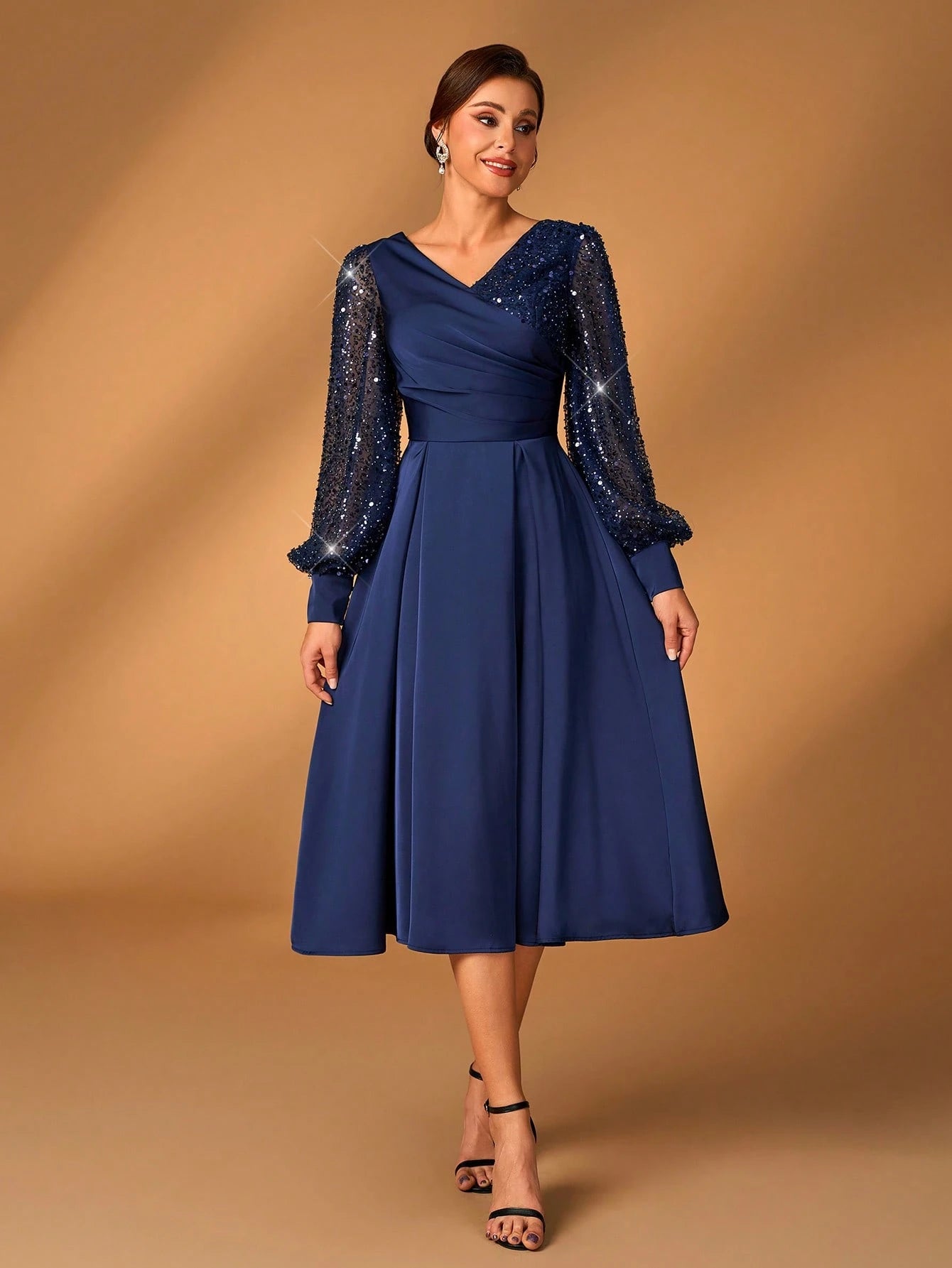 Serin Women's Elegant Navy Blue Spring Formal Party Wedding Dress,Luxurious Glitter Sequin Satin Lantern - image 12