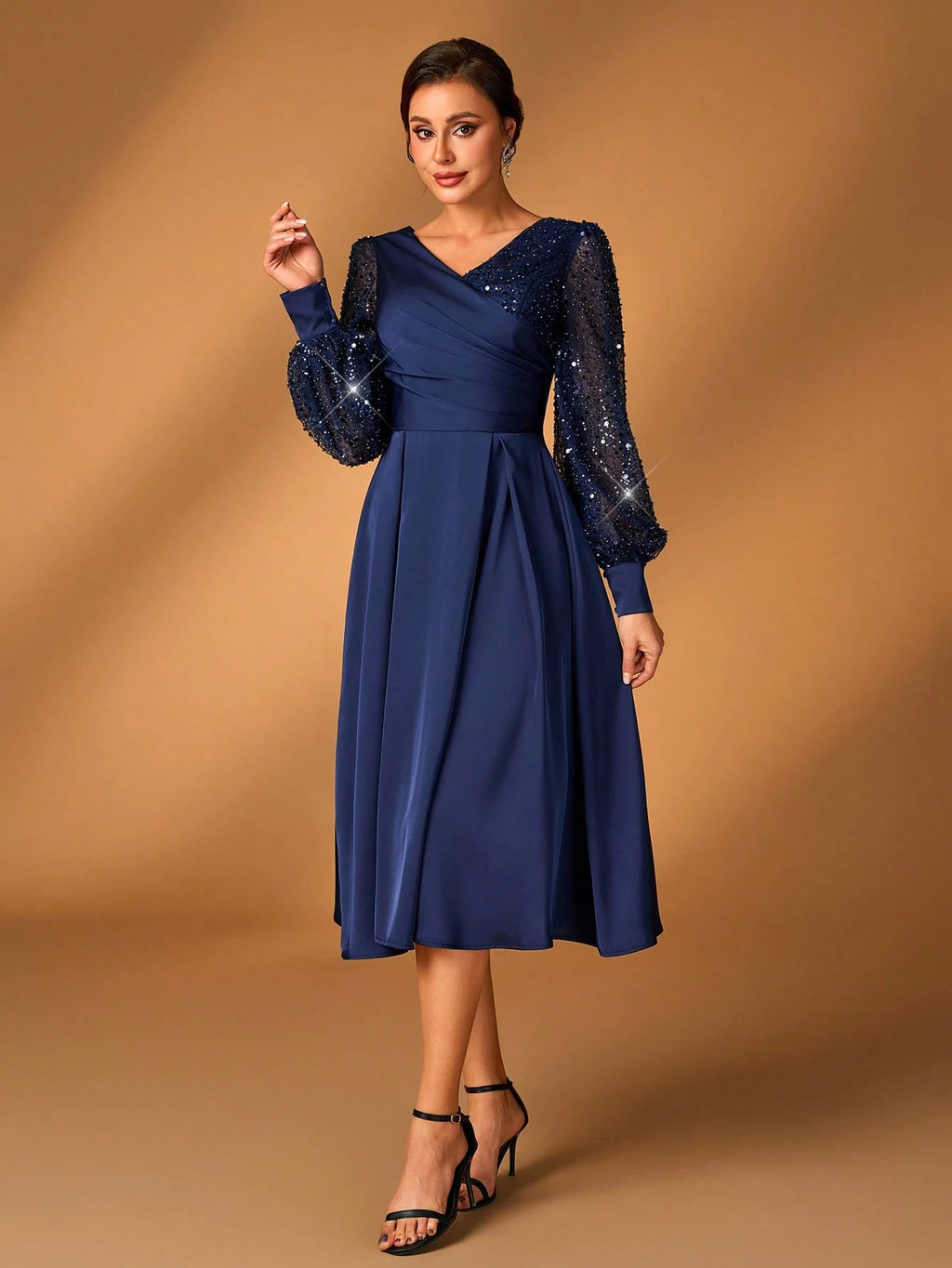 Serin Women's Elegant Navy Blue Spring Formal Party Wedding Dress,Luxurious Glitter Sequin Satin Lantern - image 13