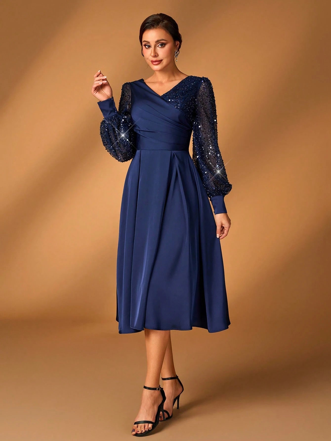 Serin Women's Elegant Navy Blue Spring Formal Party Wedding Dress,Luxurious Glitter Sequin Satin Lantern - image 13
