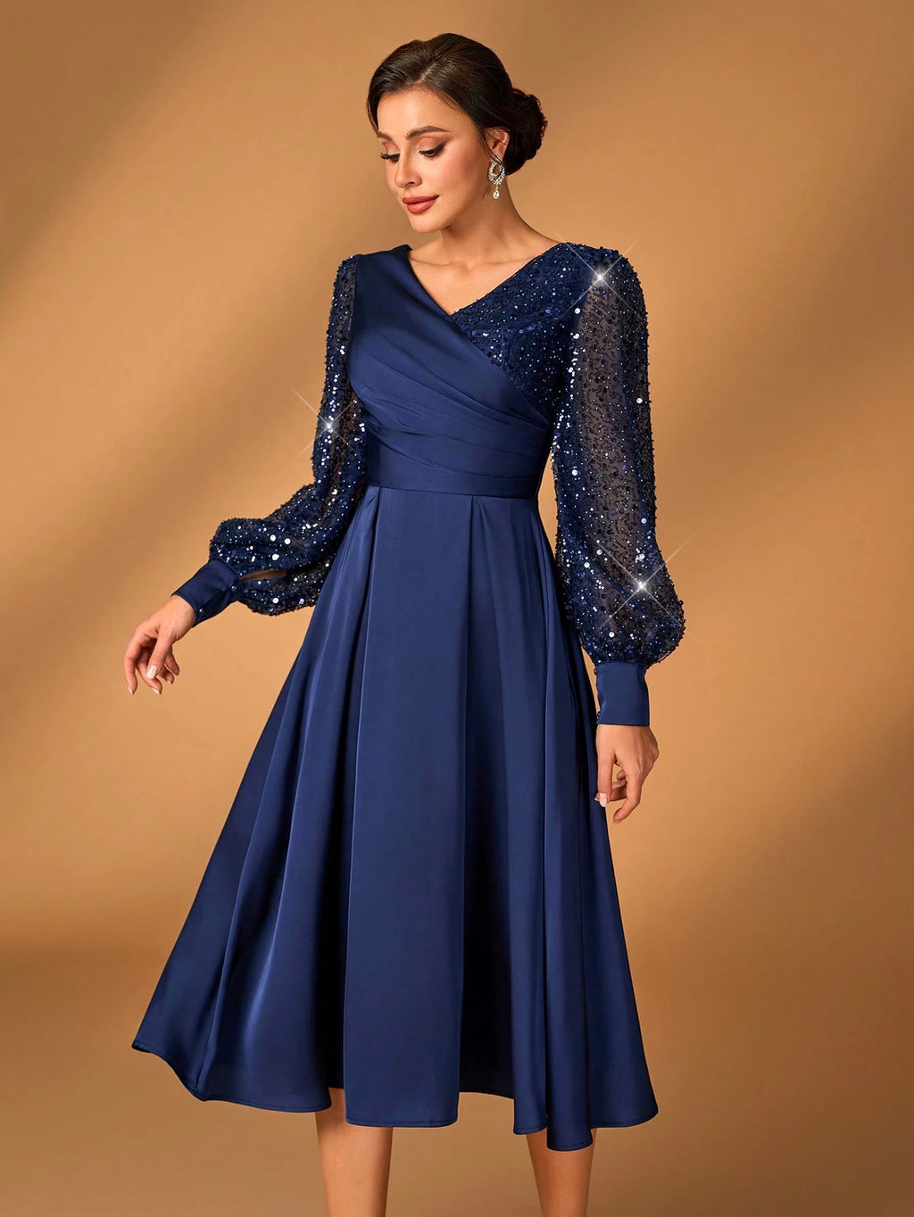 Serin Women's Elegant Navy Blue Spring Formal Party Wedding Dress,Luxurious Glitter Sequin Satin Lantern - image 14
