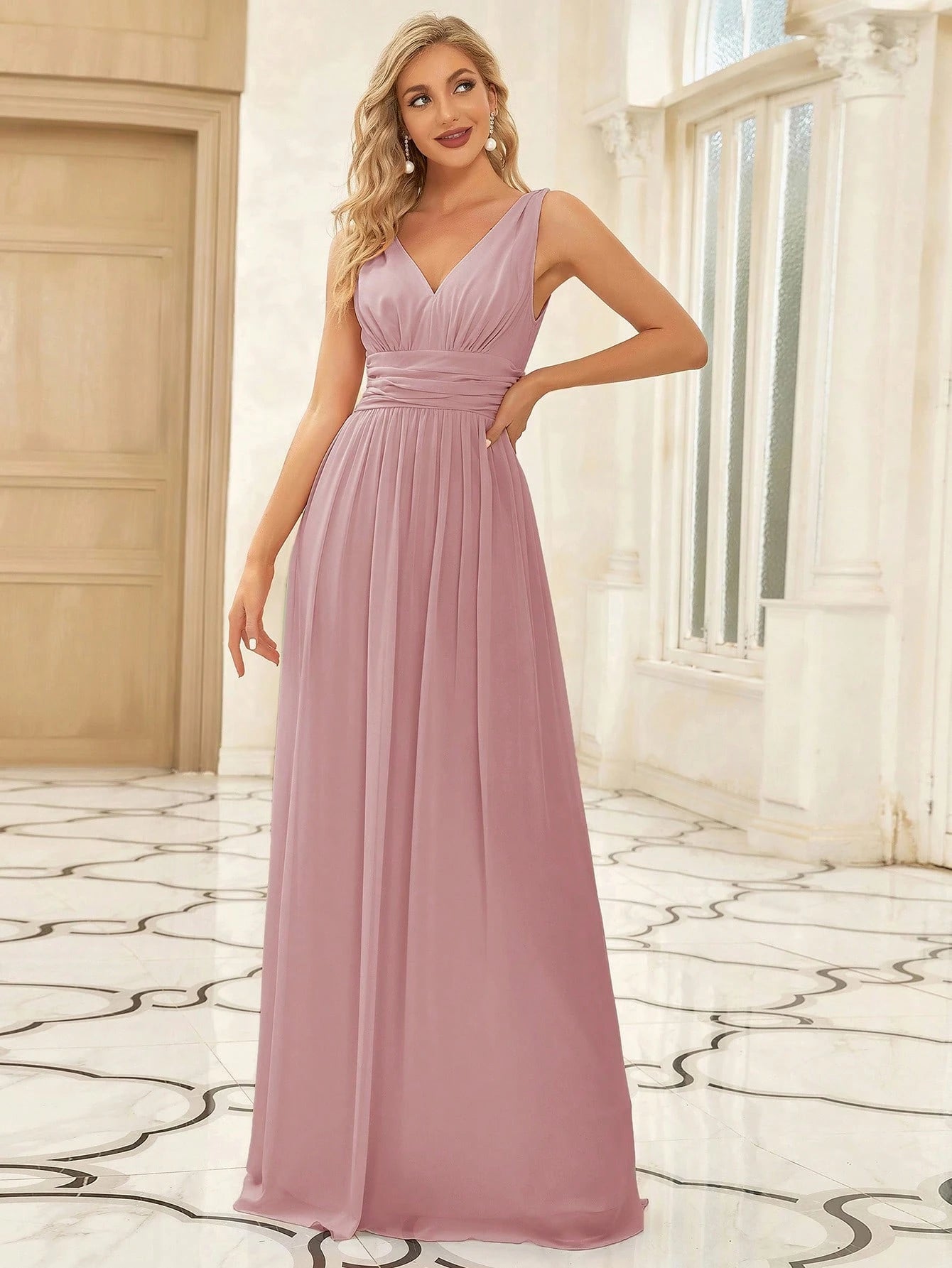 Elegant Chiffon V-Neck Sleeveless Ruched Long Black Bridesmaid Dress,