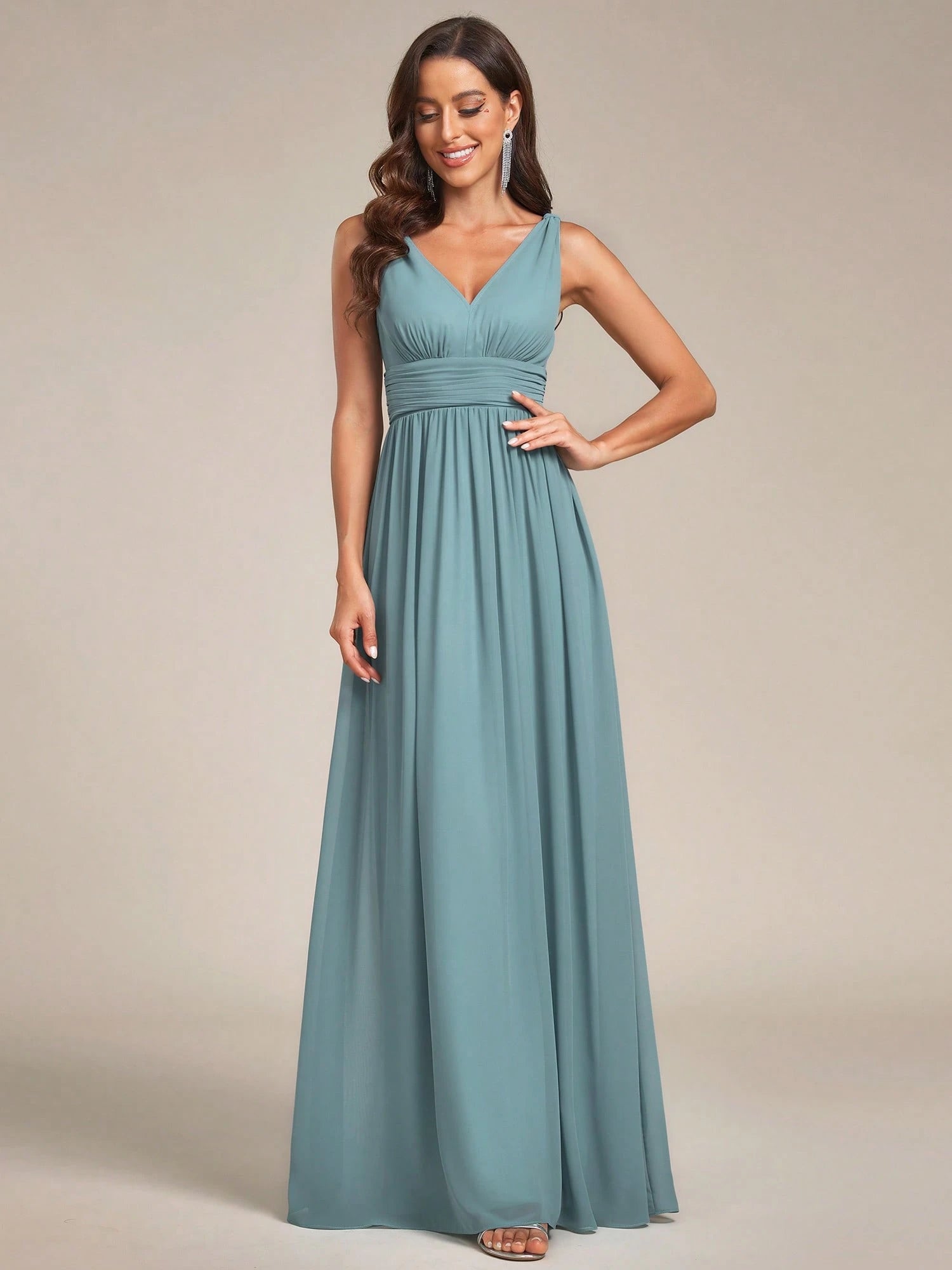 Elegant Chiffon V-Neck Sleeveless Ruched Long Black Bridesmaid Dress,