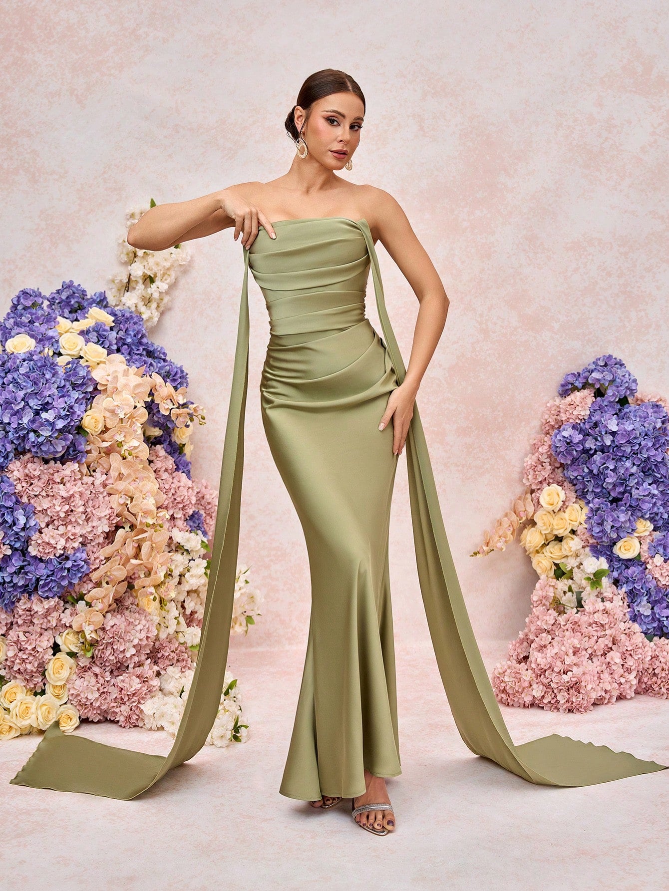 Belle Elegant Romantic Green Woven Matte Flutter Decor Open Shoulder Sweetheart Fitted Fishtail Bridesmaid - image 9