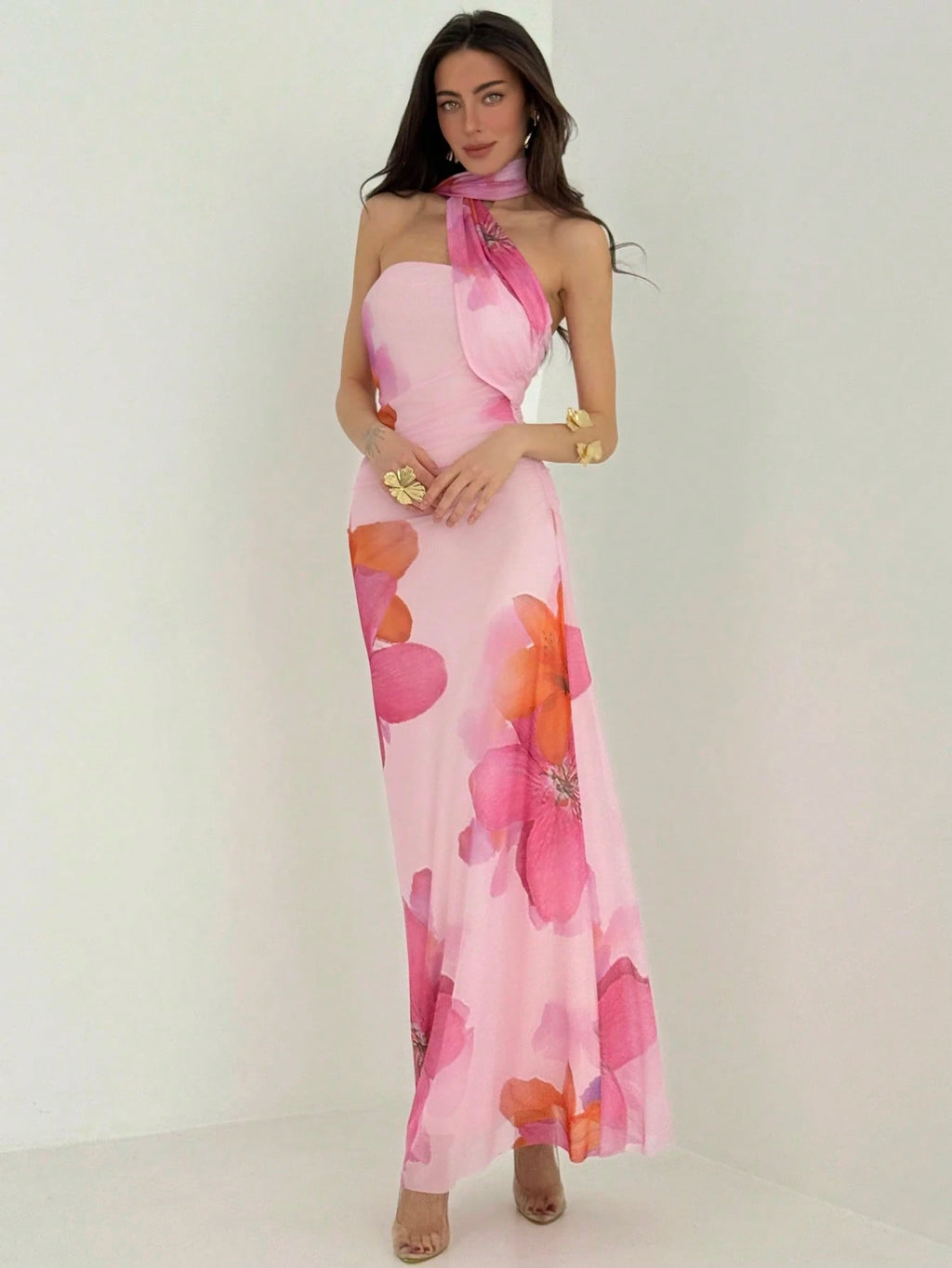 Aloruh Women's Floral Print Backless Halter Fitted Dress, Pink And Yellow Summer Tropical Beach Vacation - image 11