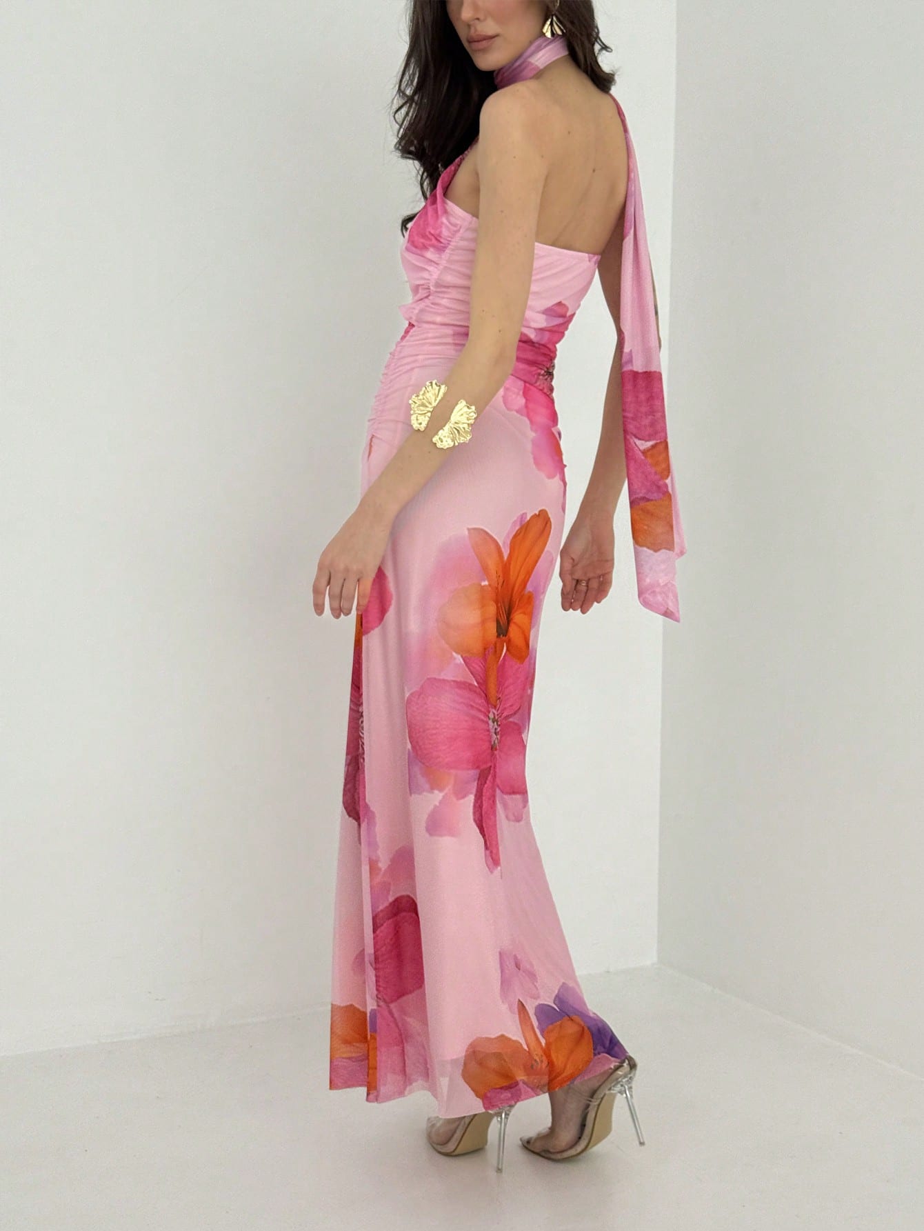 Aloruh Women's Floral Print Backless Halter Fitted Dress, Pink And Yellow Summer Tropical Beach Vacation - image 15