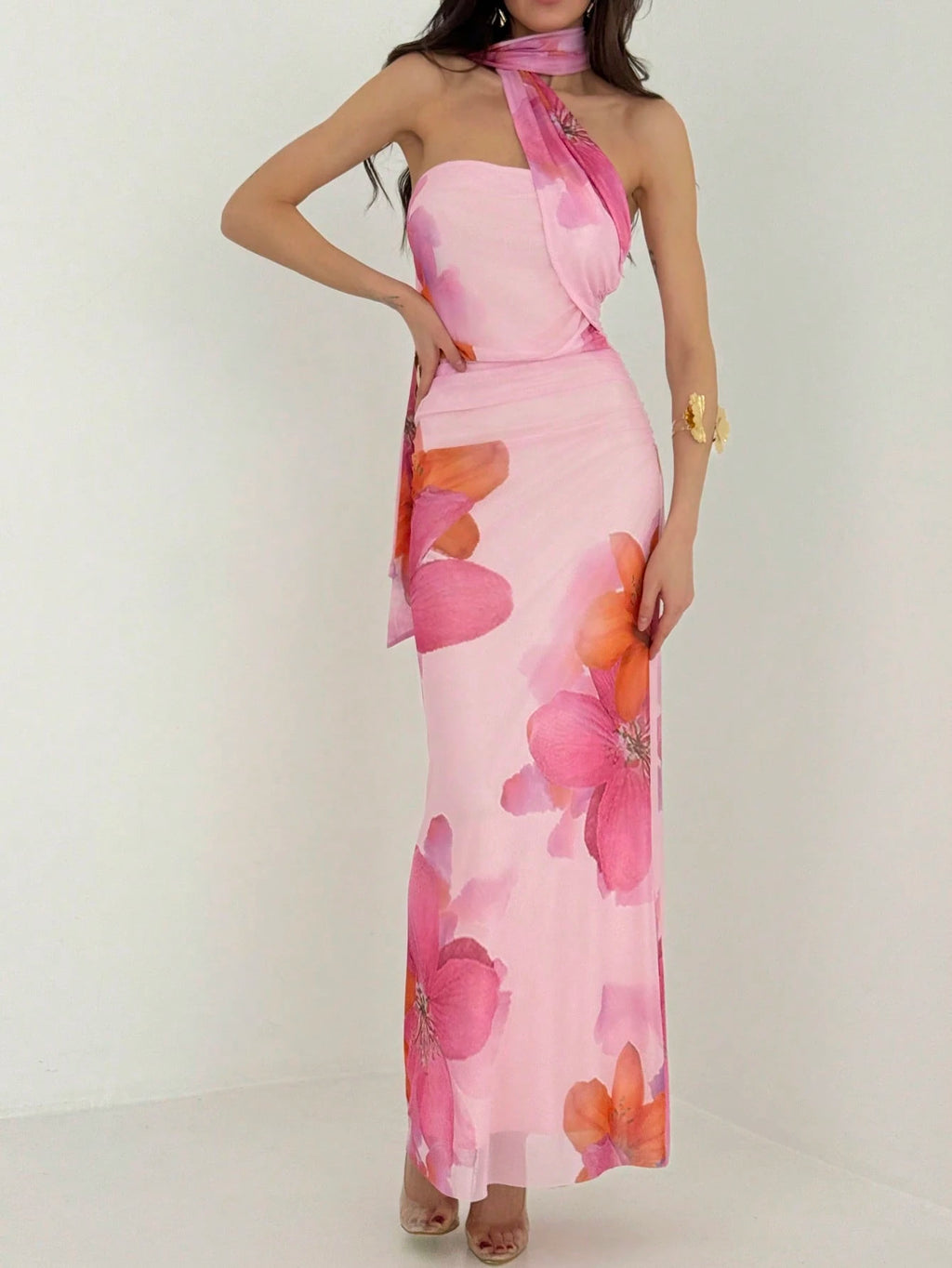 Aloruh Women's Floral Print Backless Halter Fitted Dress, Pink And Yellow Summer Tropical Beach Vacation - image 16