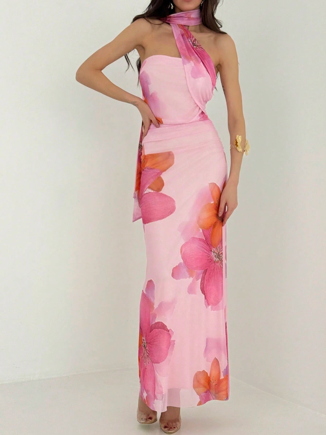 Aloruh Women's Floral Print Backless Halter Fitted Dress, Pink And Yellow Summer Tropical Beach Vacation - image 16
