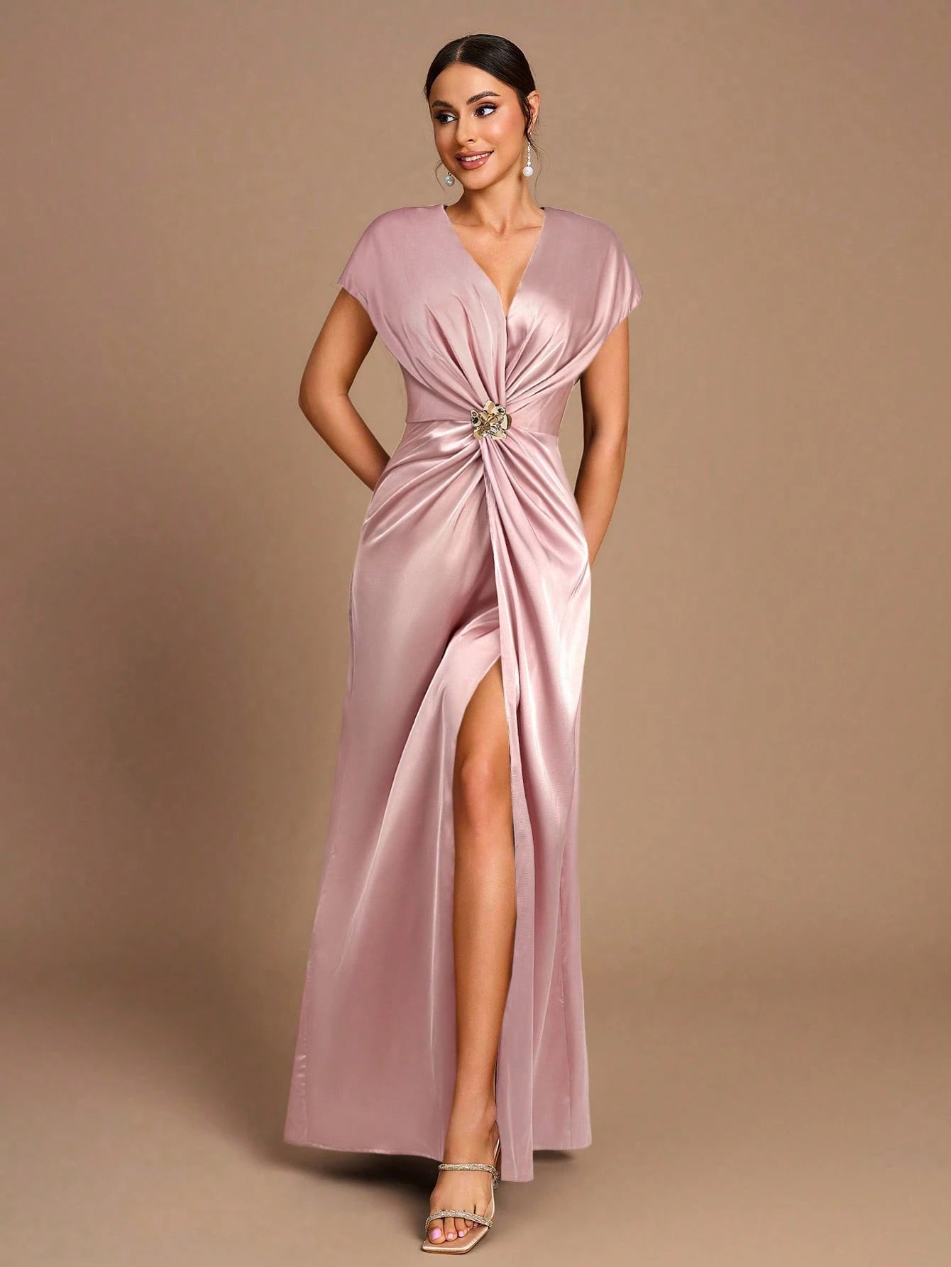 Belle Elegant Romantic Dignified Brown Satin Pleated Sleeveless A-Hem Side Slit Bridesmaid Dress - image 15