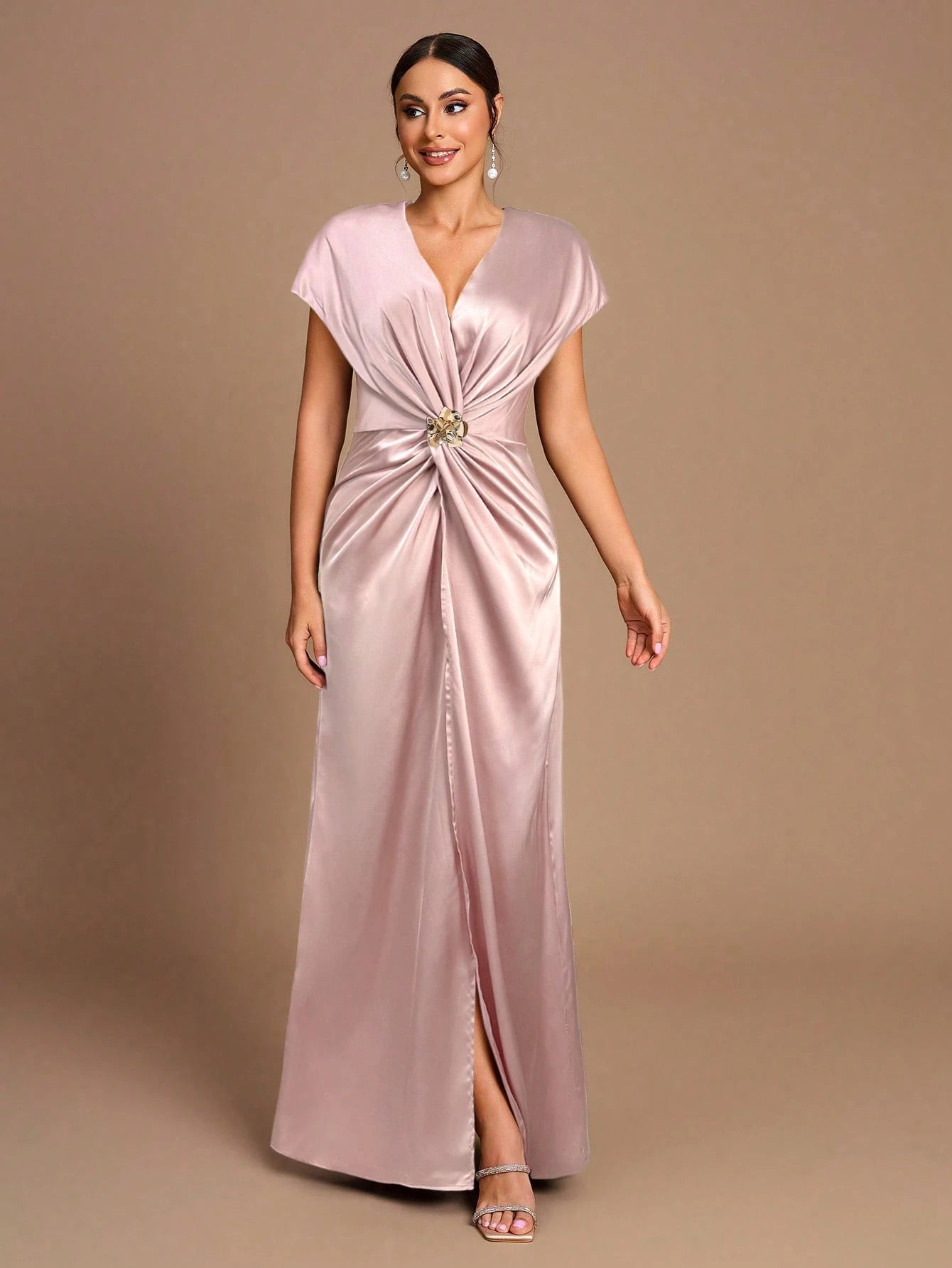 Belle Elegant Romantic Dignified Brown Satin Pleated Sleeveless A-Hem Side Slit Bridesmaid Dress - image 17