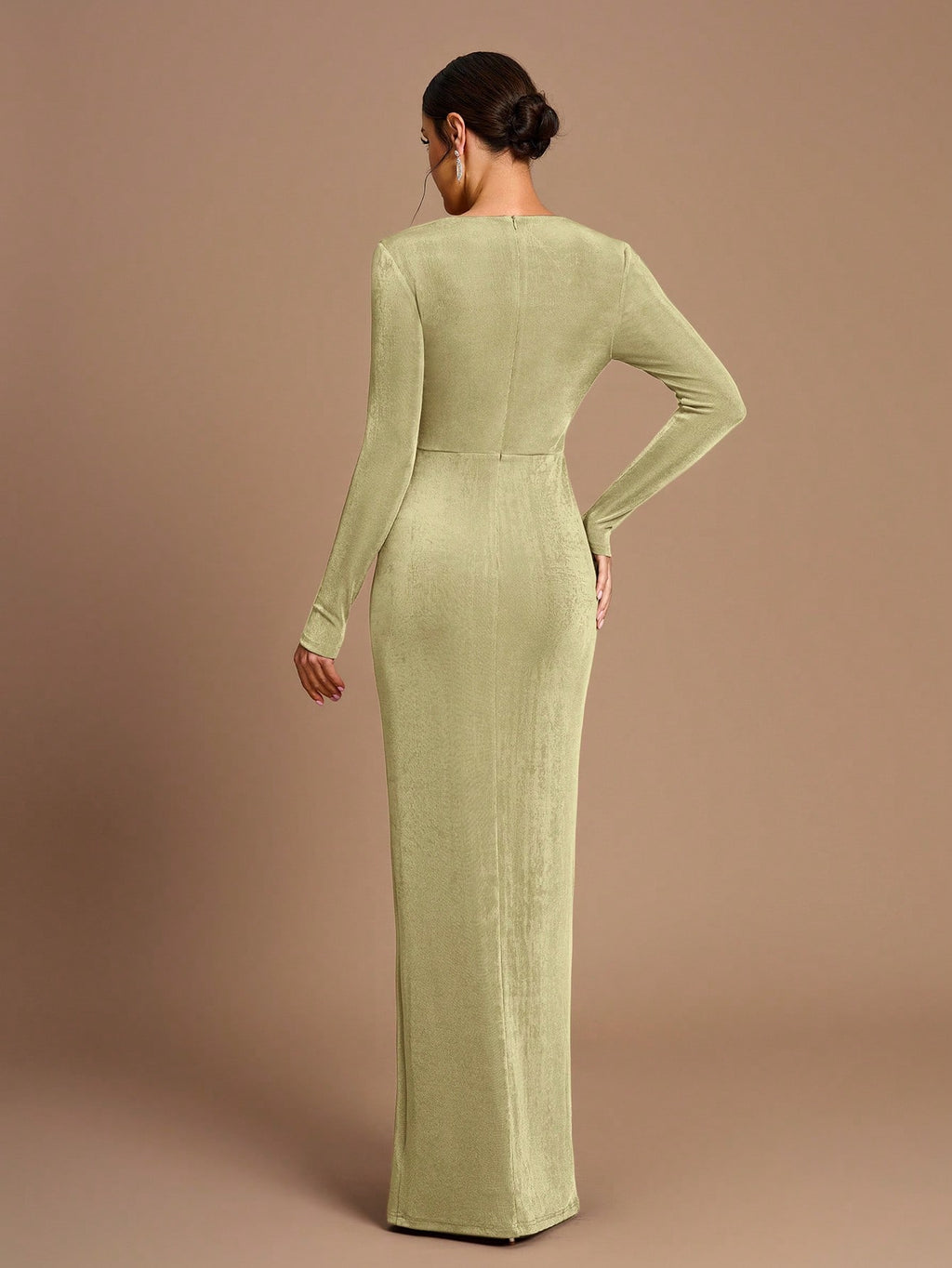 Belle Elegant Romantic Coffee Color Ruched Waist Split Hem Straight Sleeve Knit Bridesmaid Dress - image 9
