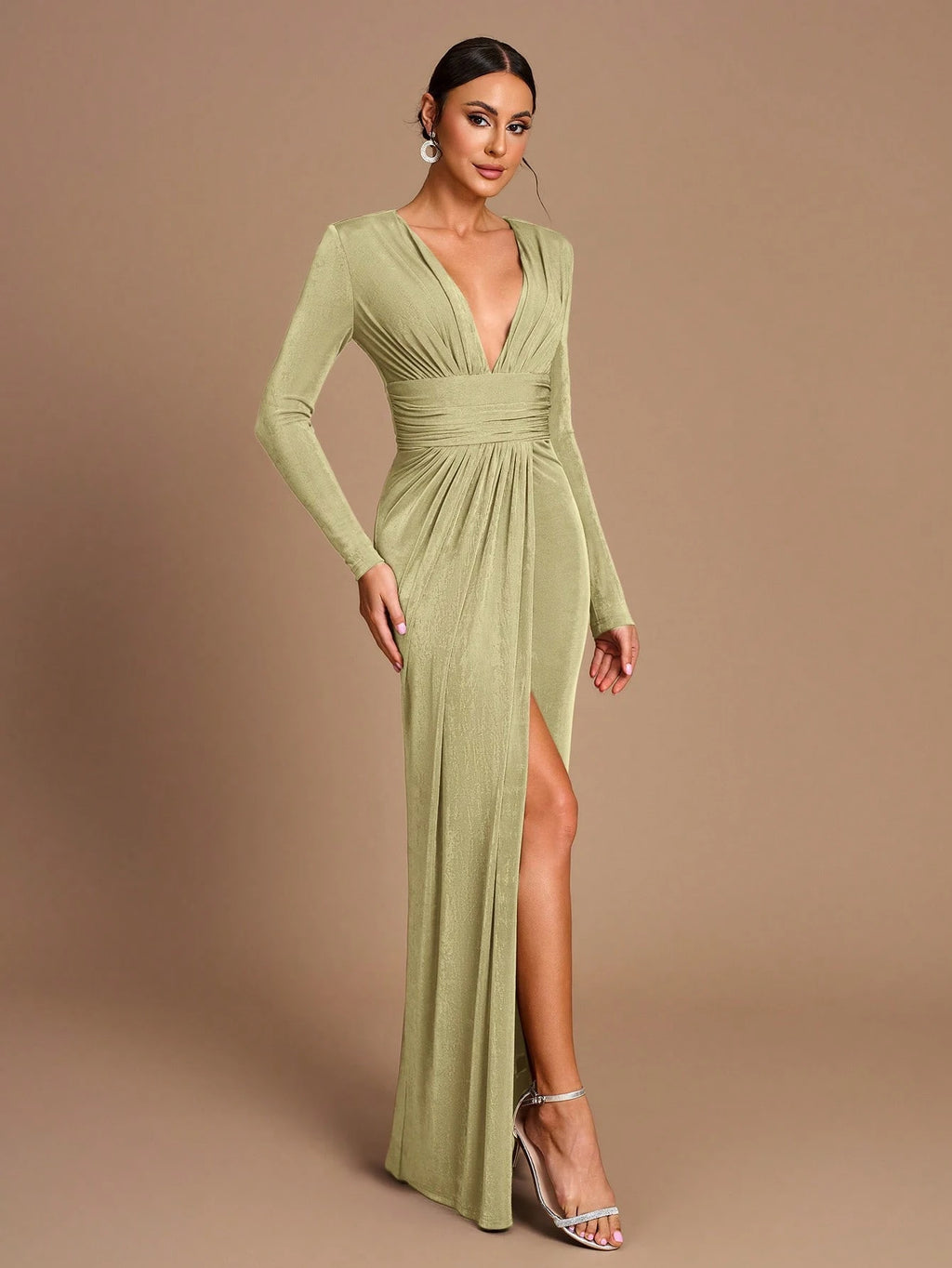 Belle Elegant Romantic Coffee Color Ruched Waist Split Hem Straight Sleeve Knit Bridesmaid Dress - image 13
