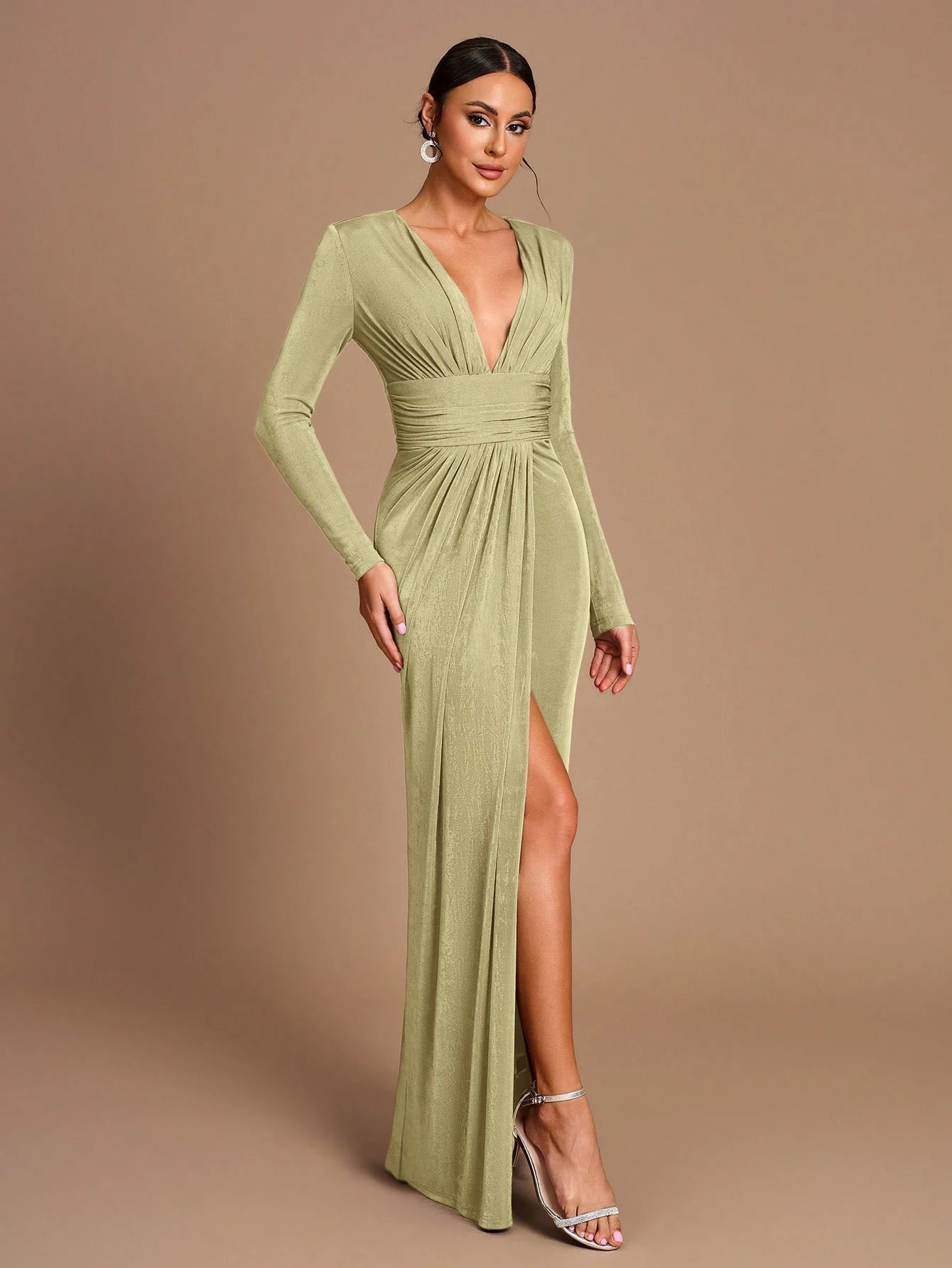 Belle Elegant Romantic Coffee Color Ruched Waist Split Hem Straight Sleeve Knit Bridesmaid Dress - image 13