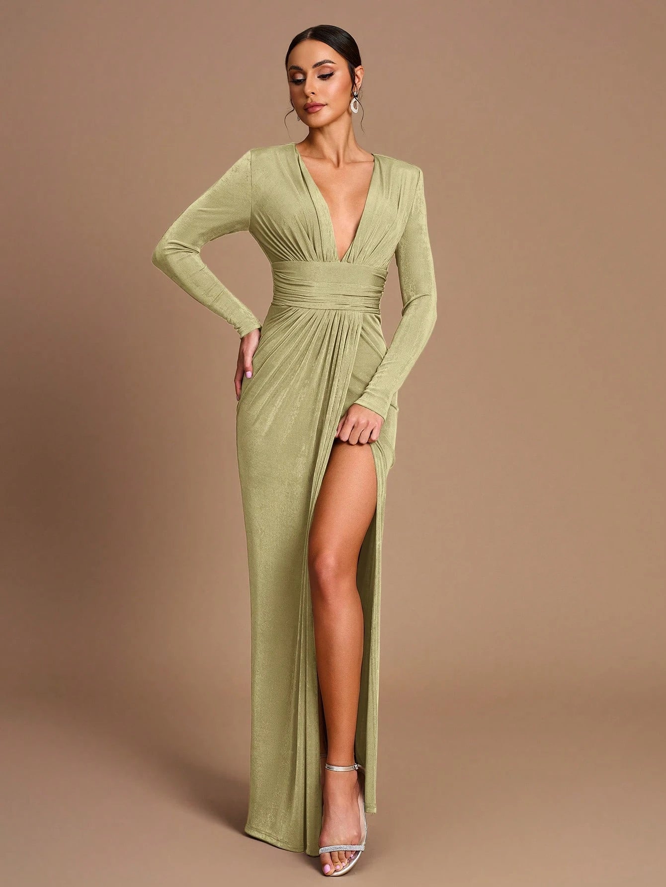 Belle Elegant Romantic Coffee Color Ruched Waist Split Hem Straight Sleeve Knit Bridesmaid Dress - image 14