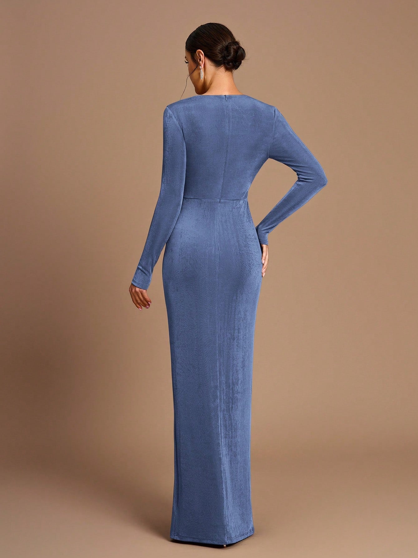 Belle Elegant Romantic Coffee Color Ruched Waist Split Hem Straight Sleeve Knit Bridesmaid Dress - image 2