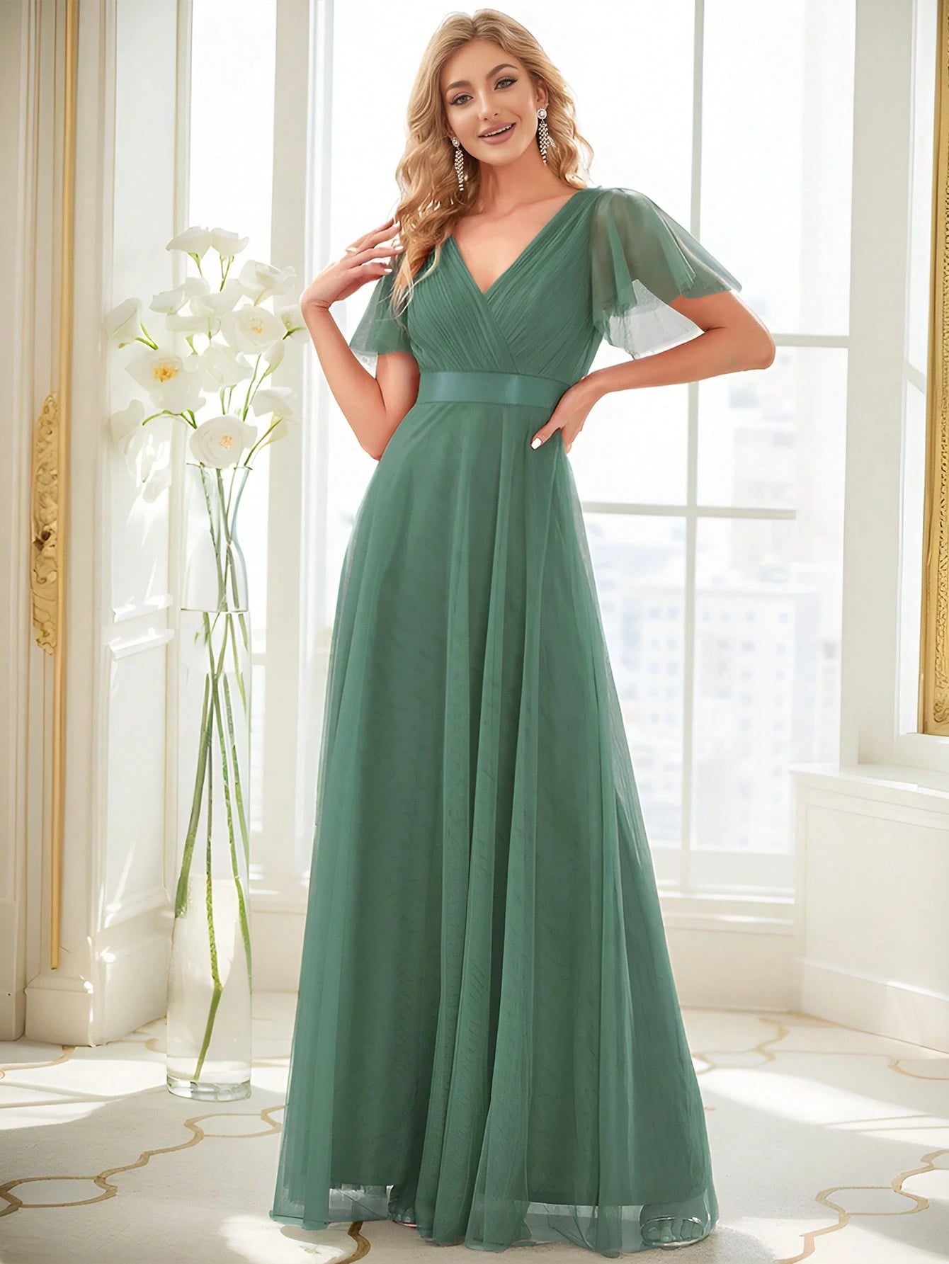 EVERPRETTY Romantic V-Neck A-Line Chiffon Pink Bridesmaid Dress, Suitable For Wedding Guests, Formal - image 9