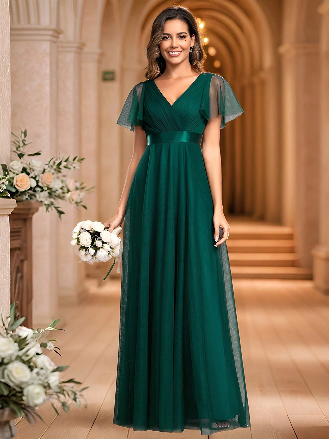EVERPRETTY Romantic V-Neck A-Line Chiffon Pink Bridesmaid Dress,