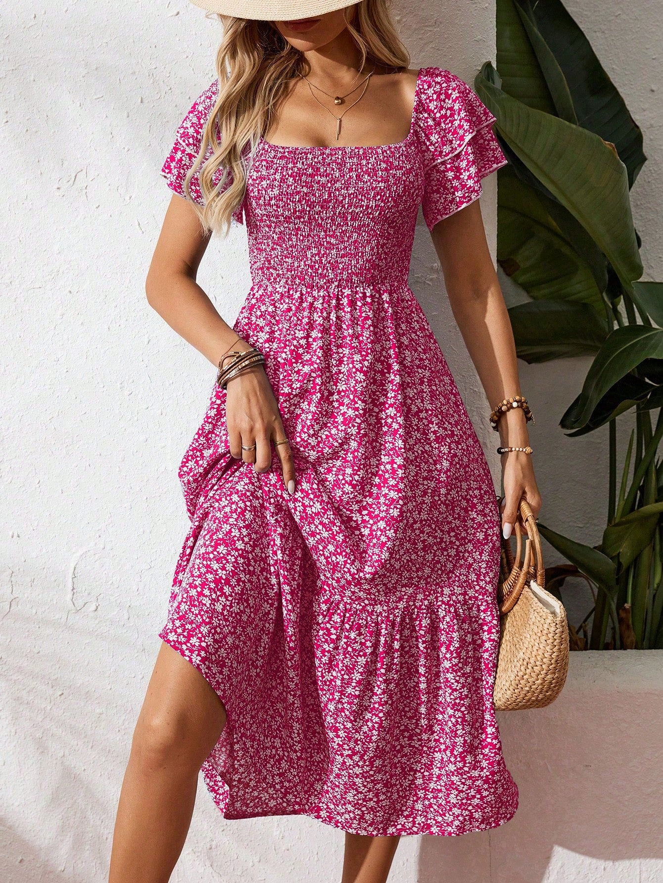 Breezaya Square Neck Ditsy Floral Casual Summer Short Sleeve Dress
