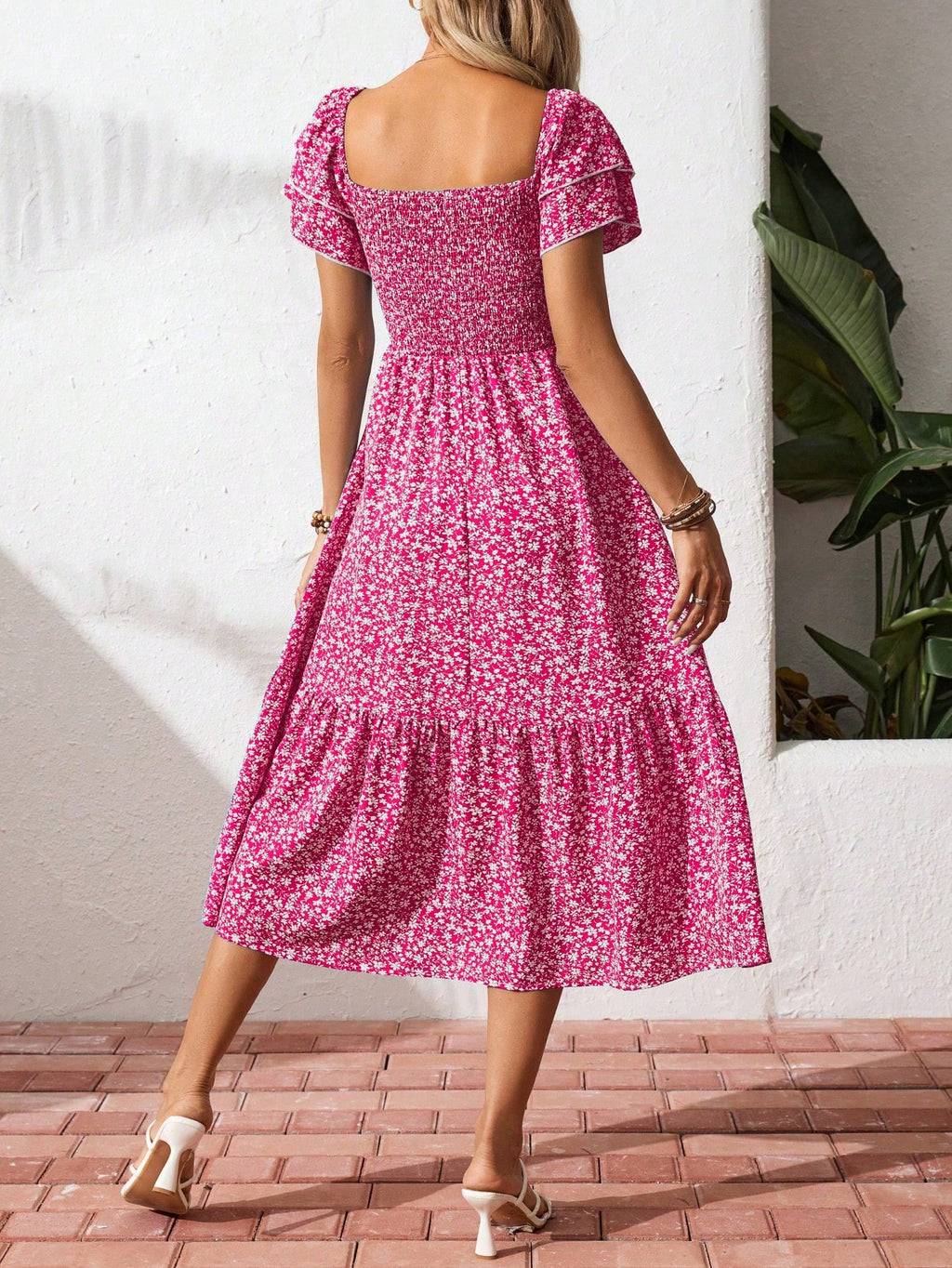 Breezaya Square Neck Ditsy Floral Casual Summer Short Sleeve Dress