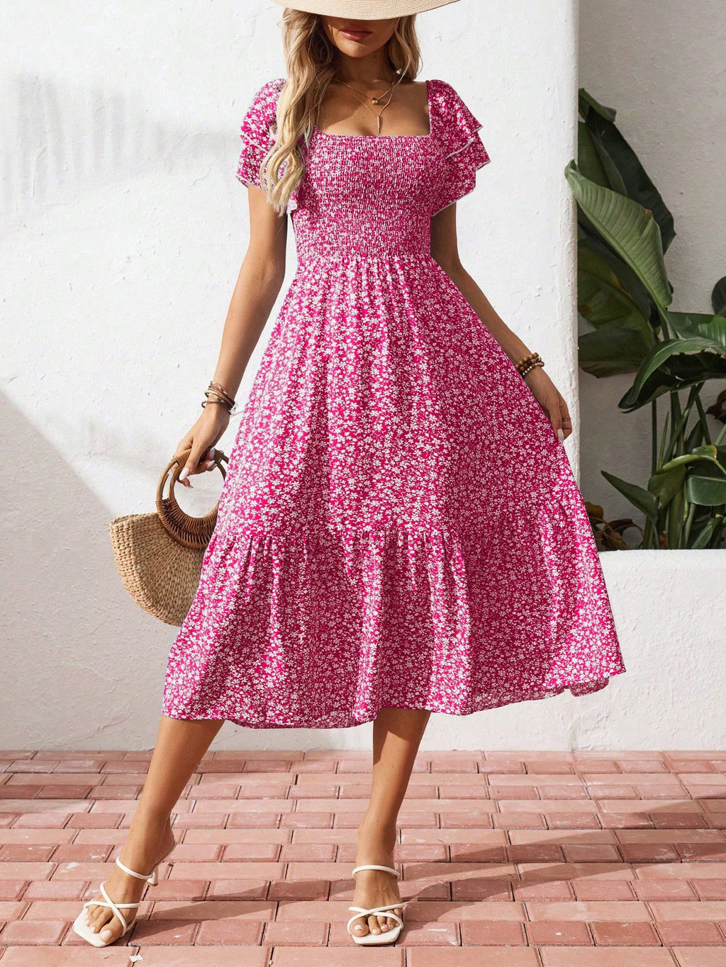 Breezaya Square Neck Ditsy Floral Casual Summer Short Sleeve Dress