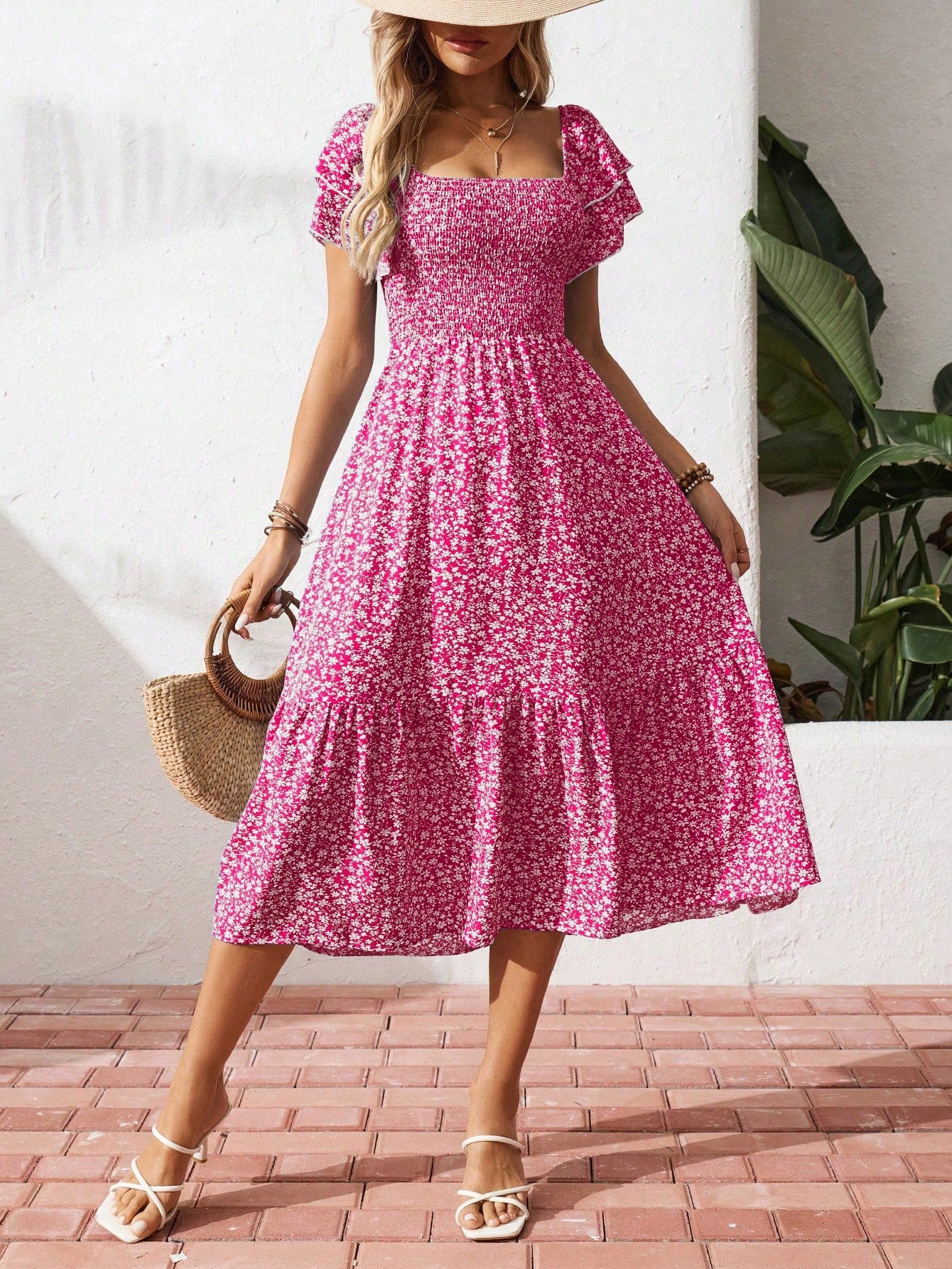 Breezaya Square Neck Ditsy Floral Casual Summer Short Sleeve Dress