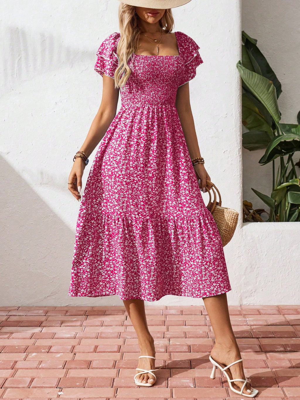 Breezaya Square Neck Ditsy Floral Casual Summer Short Sleeve Dress