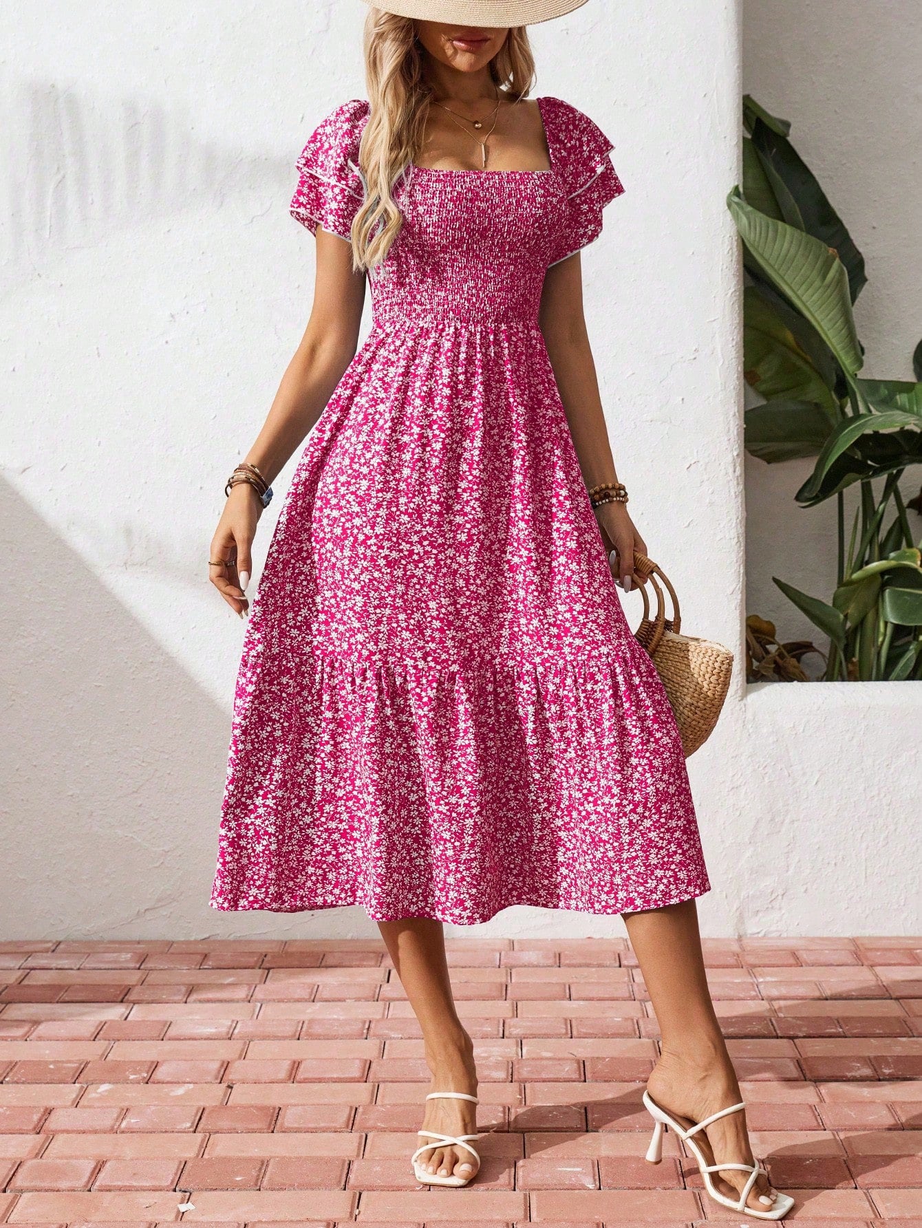 Breezaya Square Neck Ditsy Floral Casual Summer Short Sleeve Dress