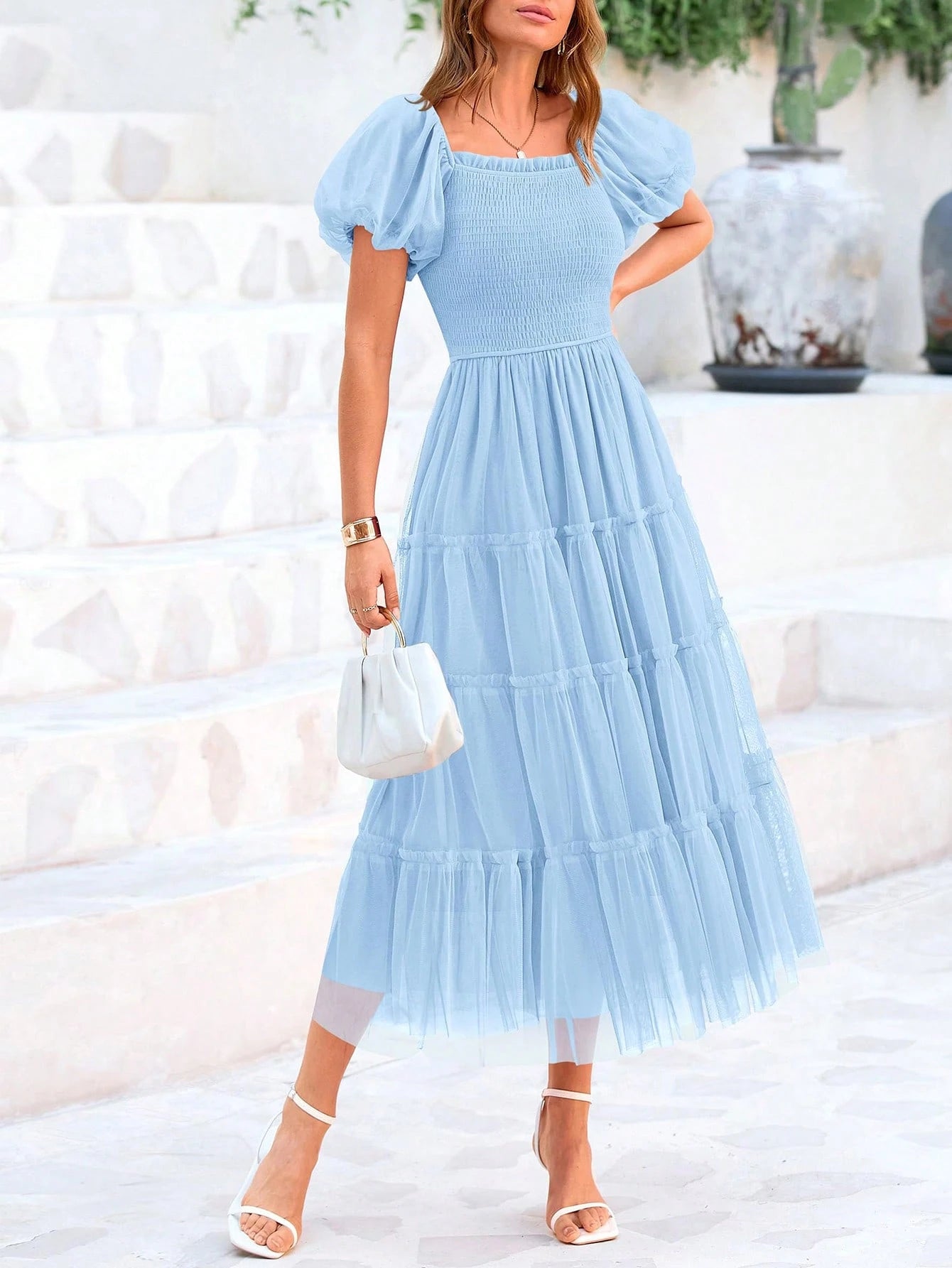 Women's Summer Pleated Mid-Length Tulle Dress Puffy Short Sleeve