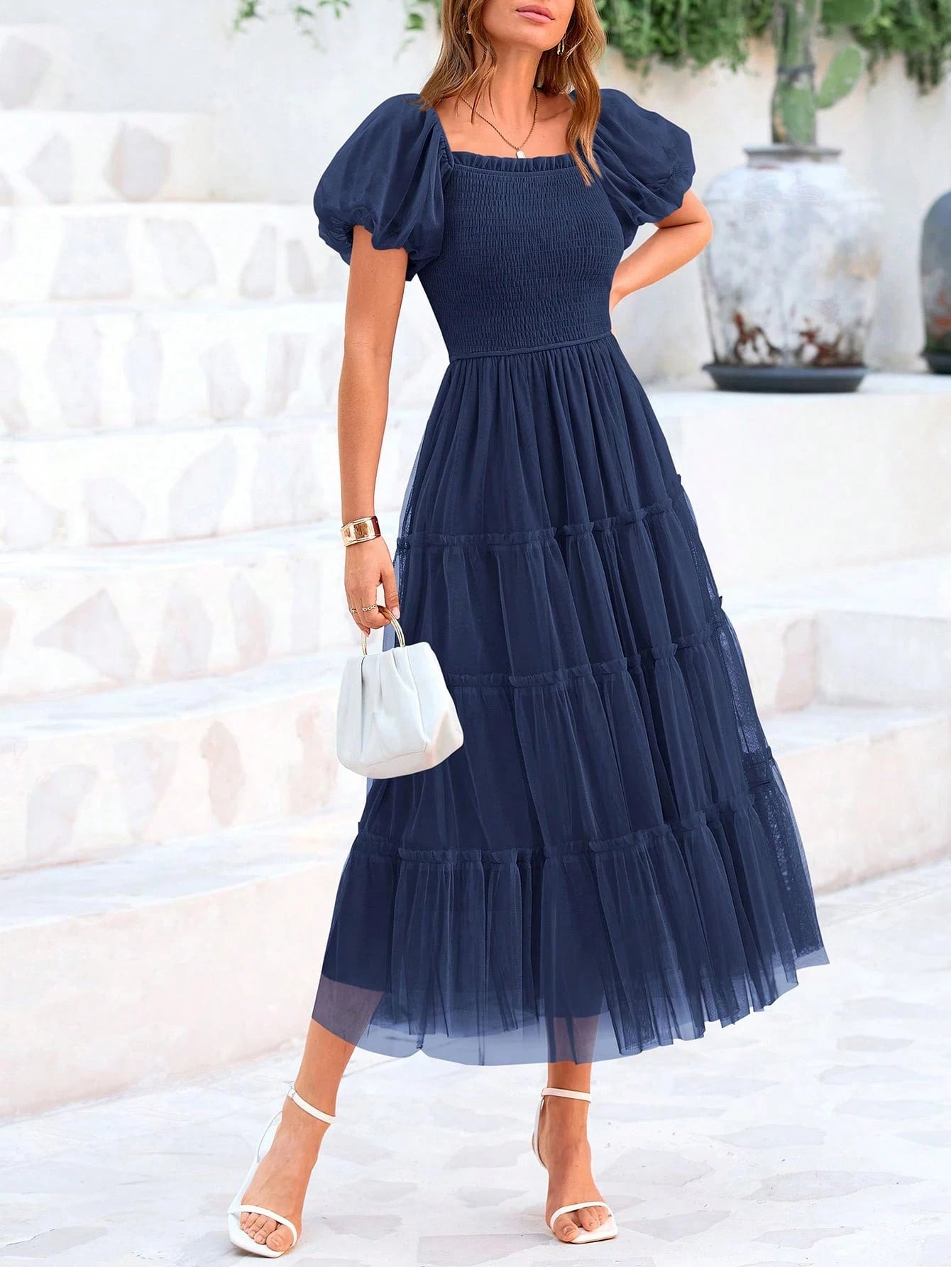 Women's Summer Pleated Mid-Length Tulle Dress Puffy Short Sleeve