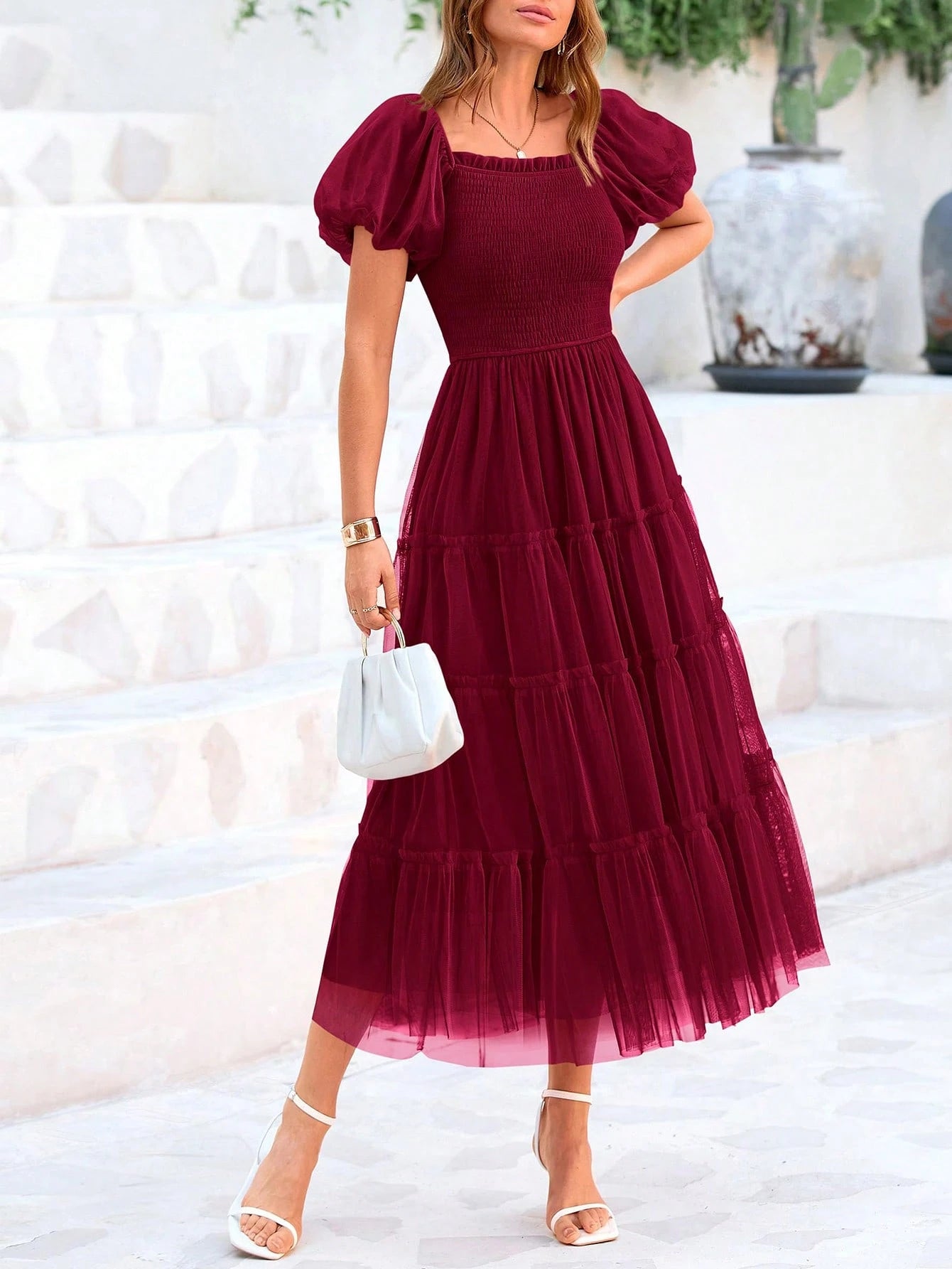 Women's Summer Pleated Mid-Length Tulle Dress Puffy Short Sleeve