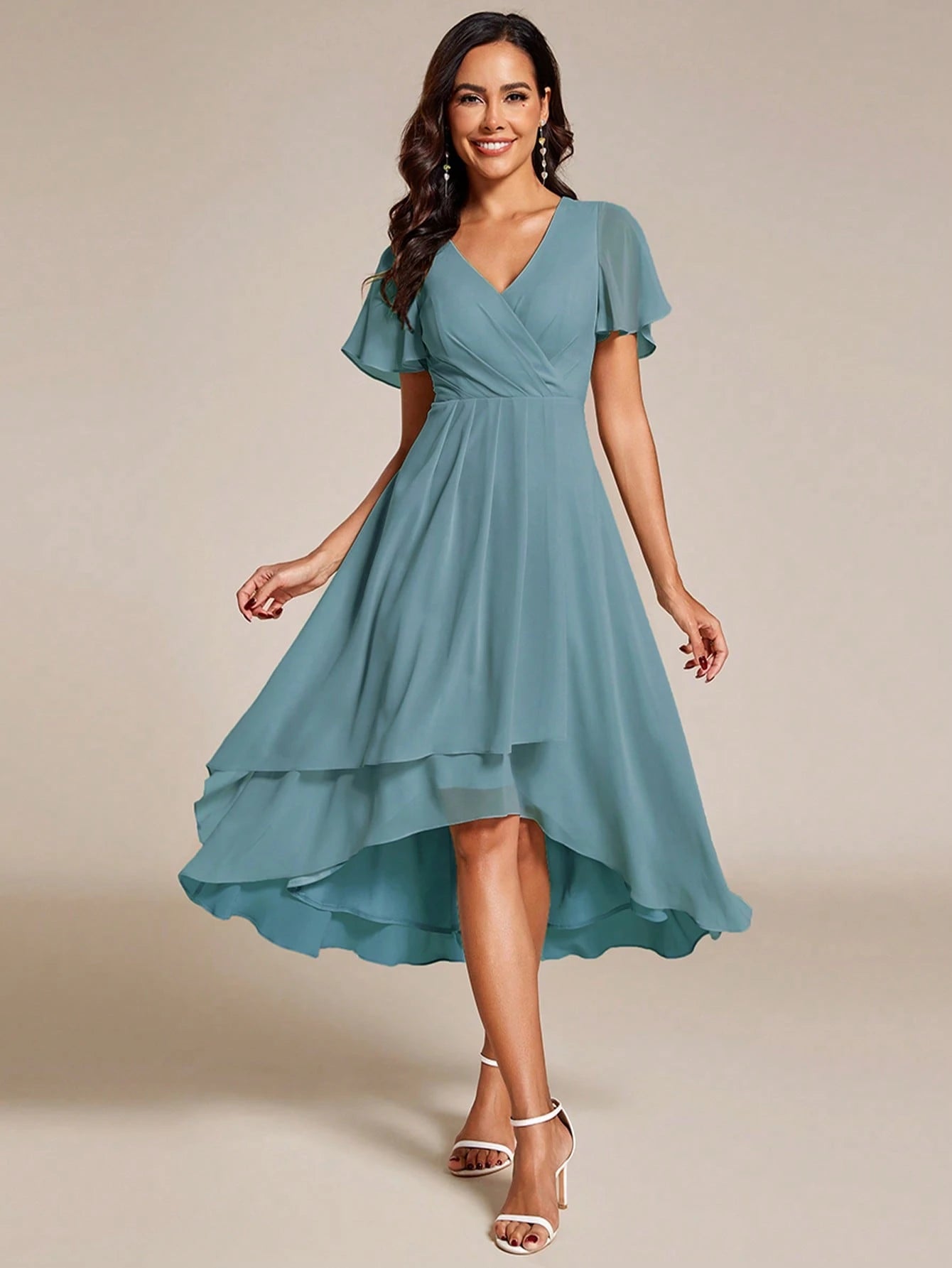 EVERPRETTY Elegant Ruffle Hem Contrast Color A-Line Mid-Length