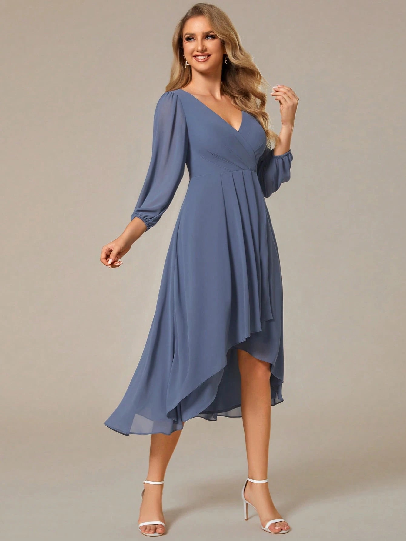 EVERPRETTY Elegant Lantern Sleeve Pleated Chiffon Bridesmaid Dress,