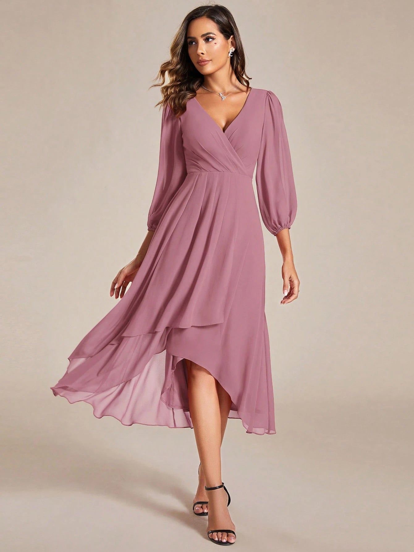 EVERPRETTY Elegant Lantern Sleeve Pleated Chiffon Bridesmaid Dress,