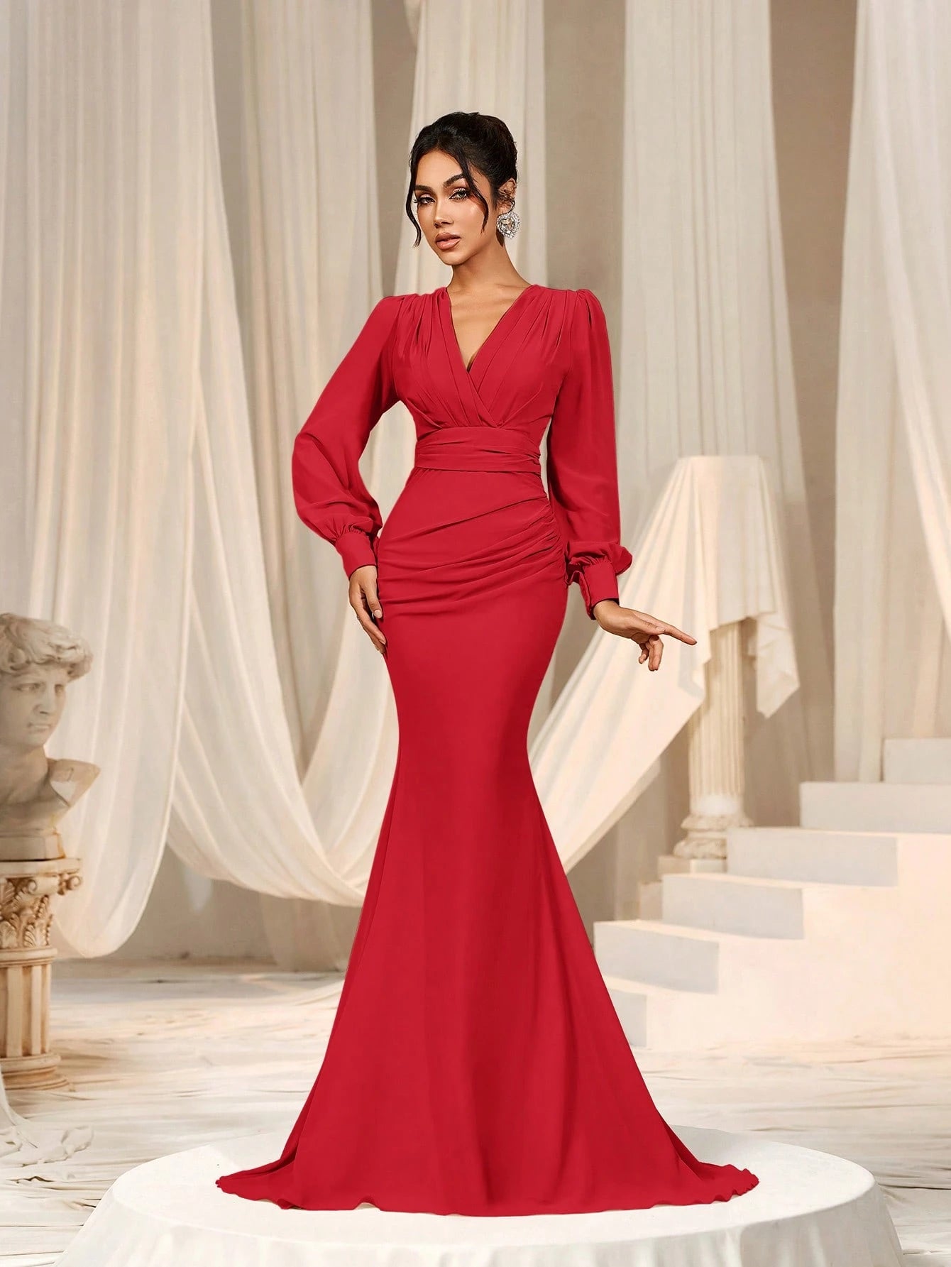 Faeriesty Elegant Chiffon Long Bridesmaid Dress, V-Neck Puff Sleeve