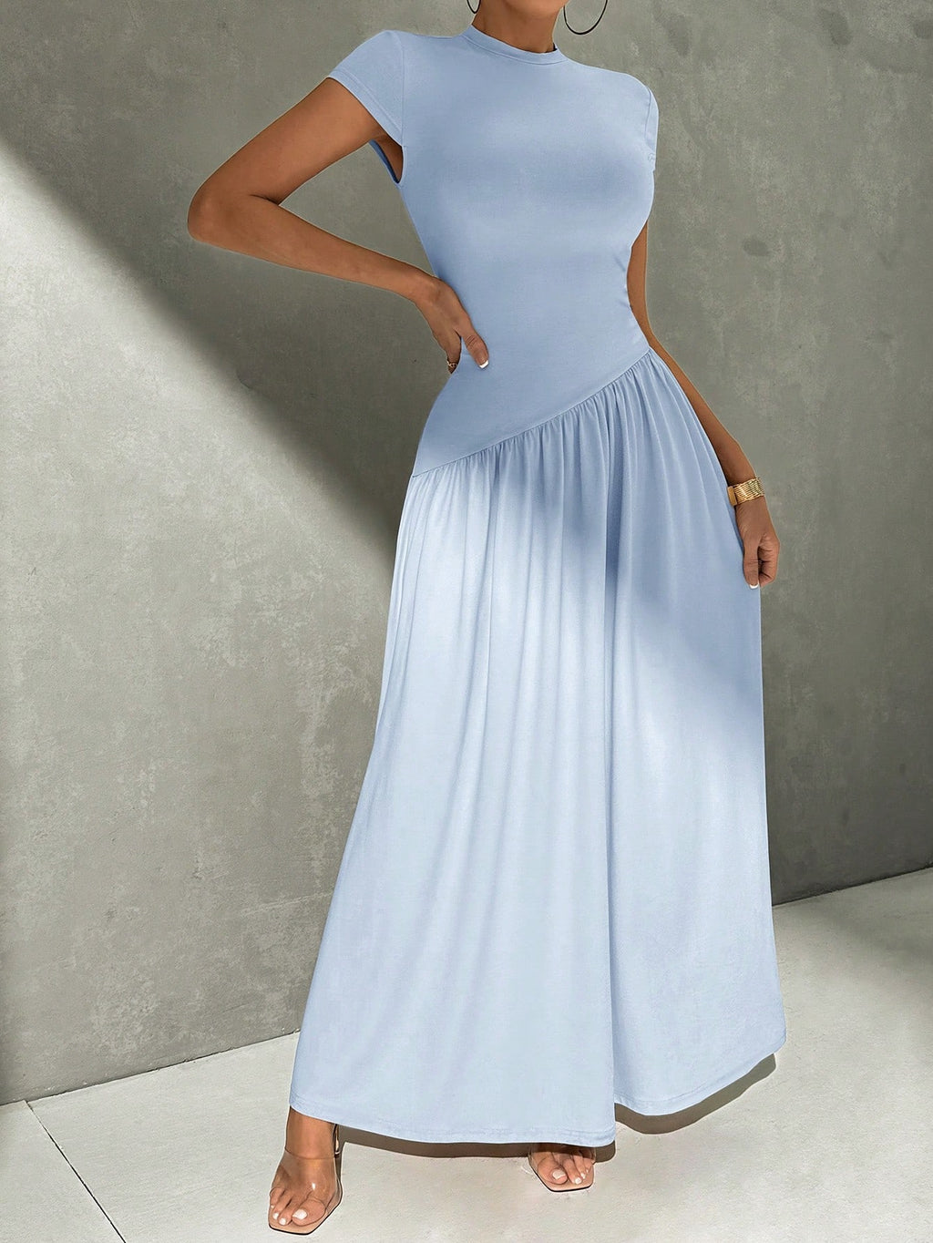 Elegant Minimalist Daily Wear Unique Solid Color Short Sleeve Fitted Stand Collar Asymmetric A-Line Waist - image 4