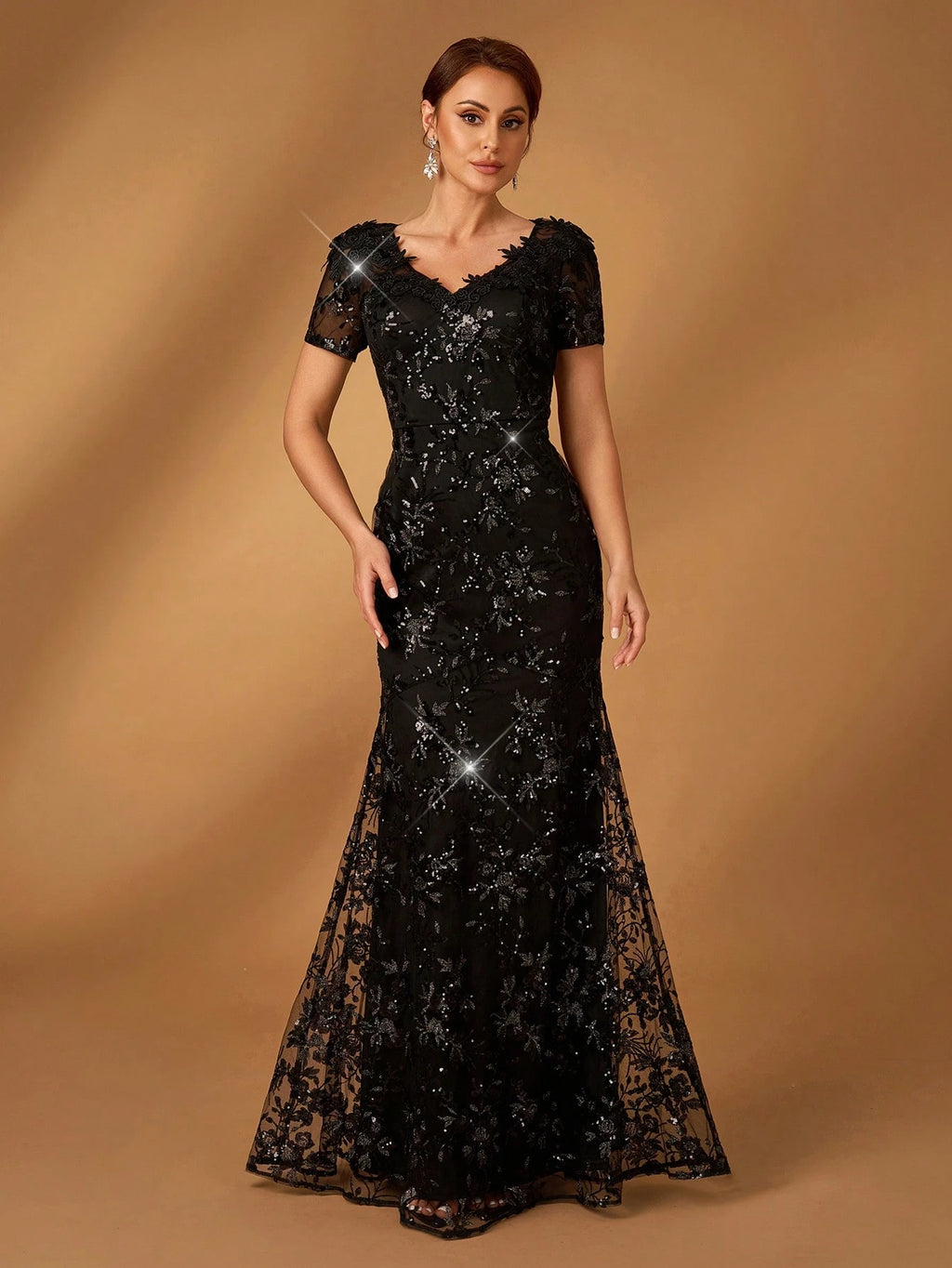 Serin Elegant Black Winter Formal Evening Wedding Dress,Luxurious Sequin Embroidery V-Neck Short Sleeves Slim