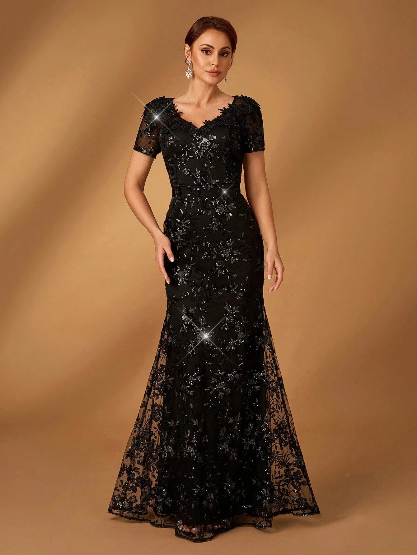 Serin Elegant Black Winter Formal Evening Wedding Dress,Luxurious Sequin Embroidery V-Neck Short Sleeves Slim