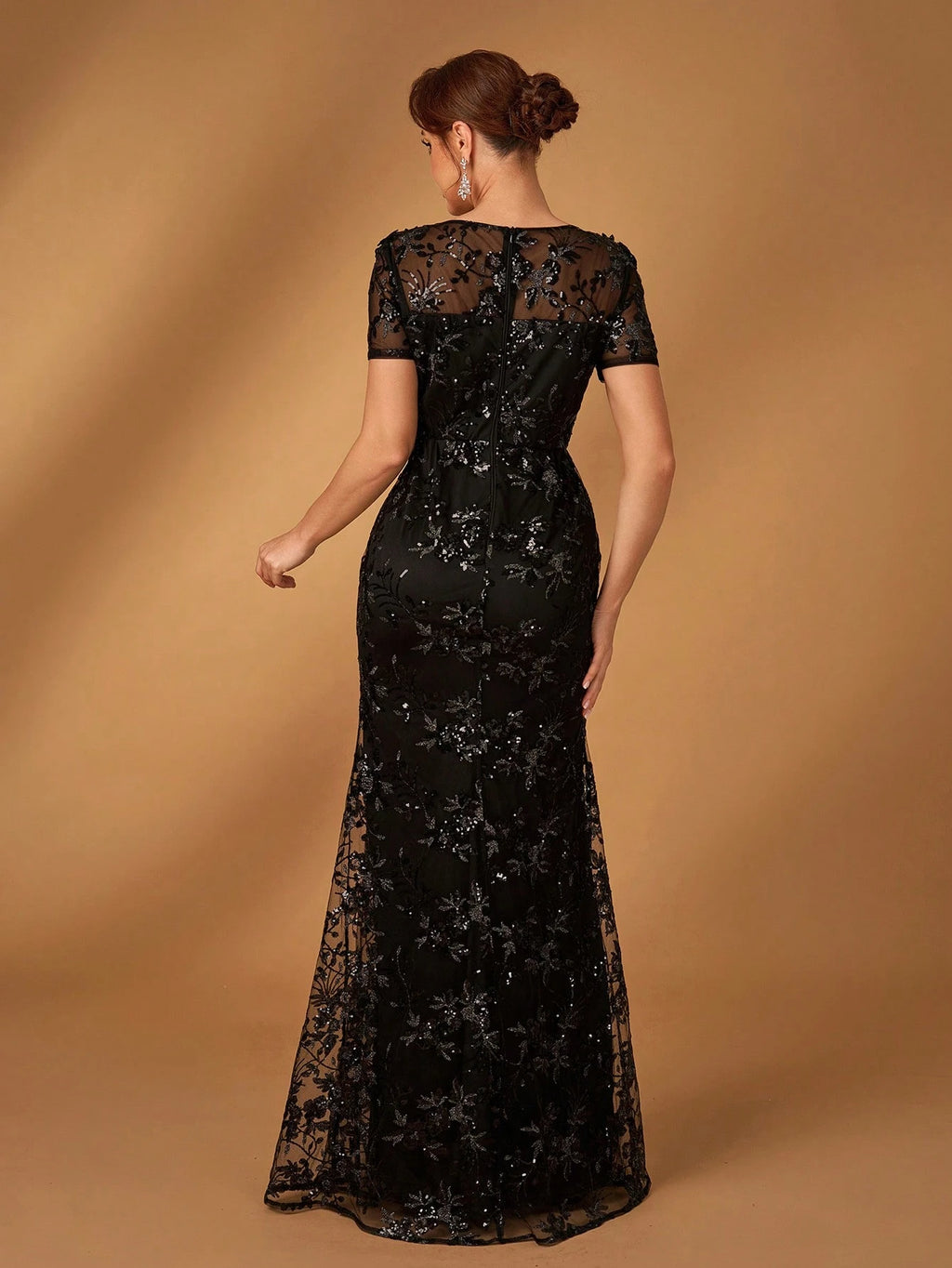 Serin Elegant Black Winter Formal Evening Wedding Dress,Luxurious Sequin Embroidery V-Neck Short Sleeves Slim - image 3